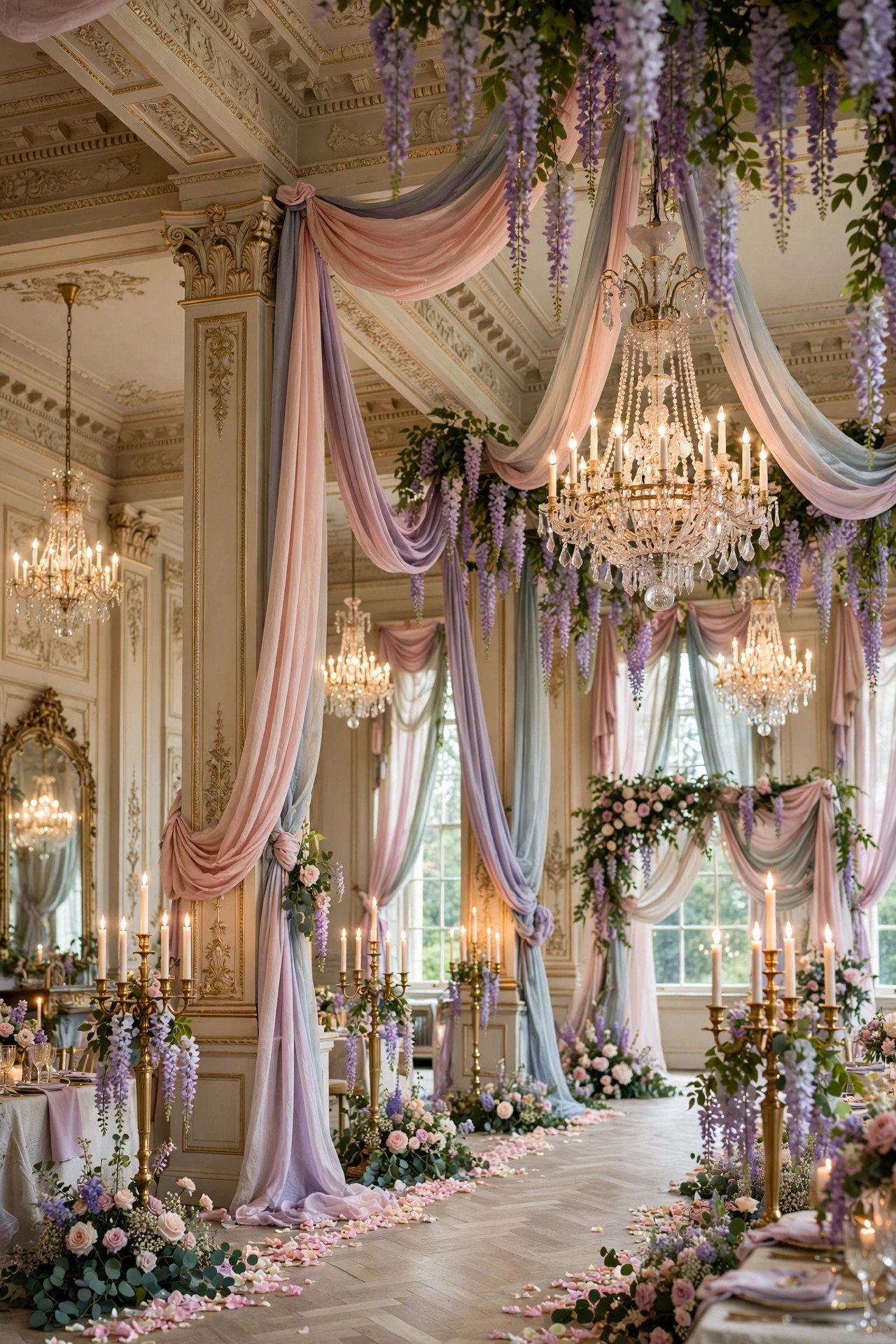 Regency ballroom wedding decor with chandeliers, drapes and hanging wisteria