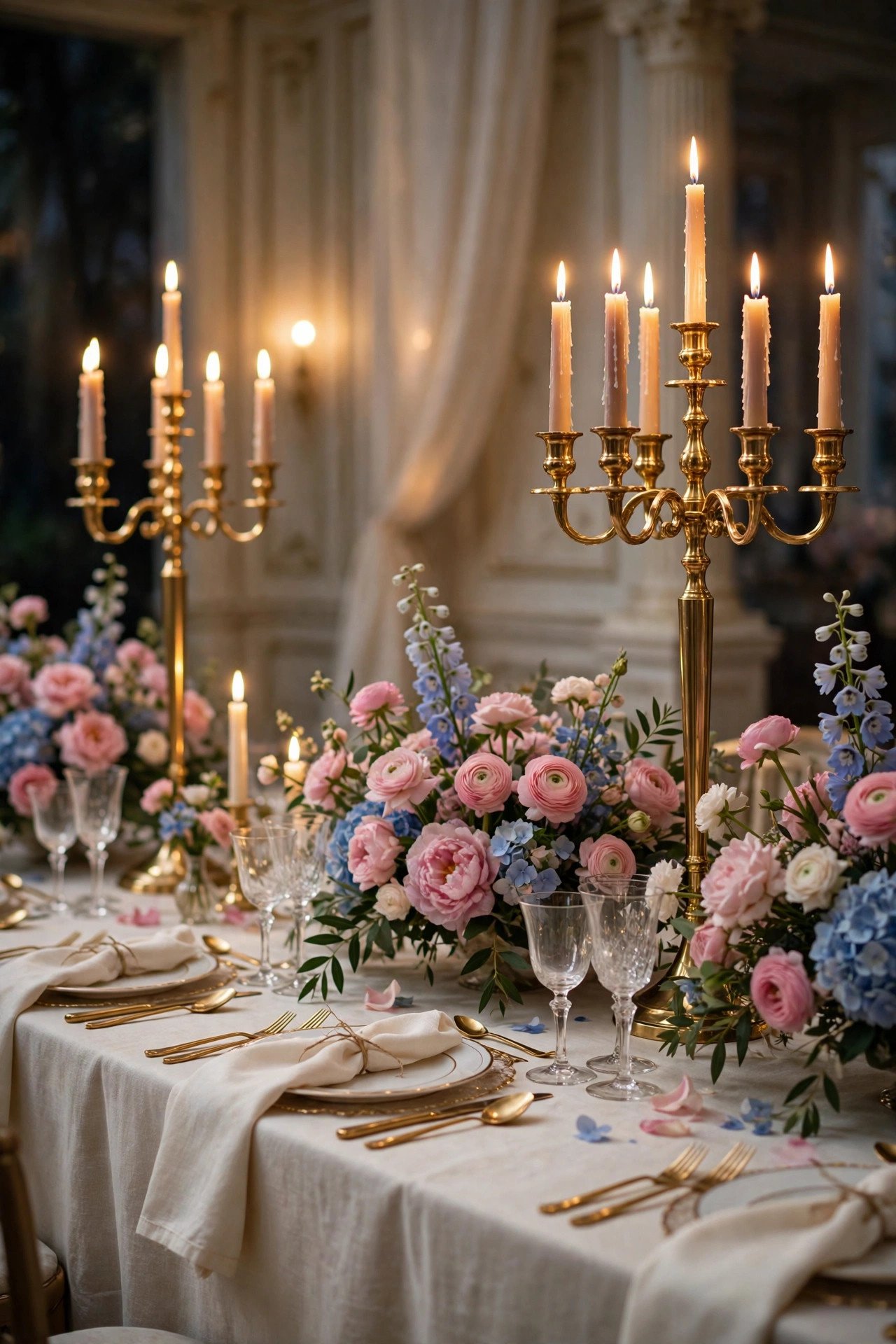 Regency wedding tablescape with gold flatware, candelabras and pastel florals