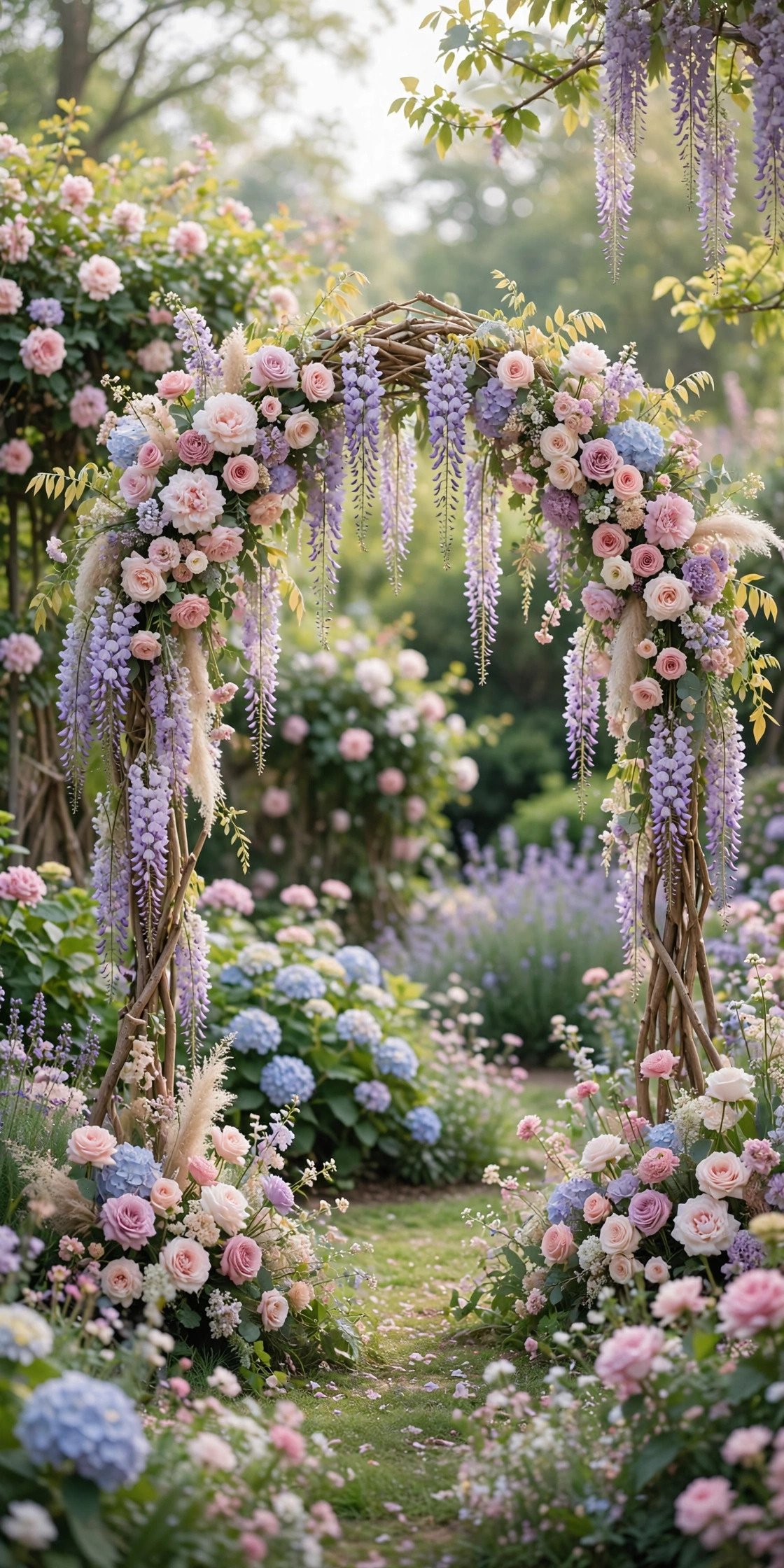 Hanging wisteria and pastel floral installation over a wedding ceremony arch