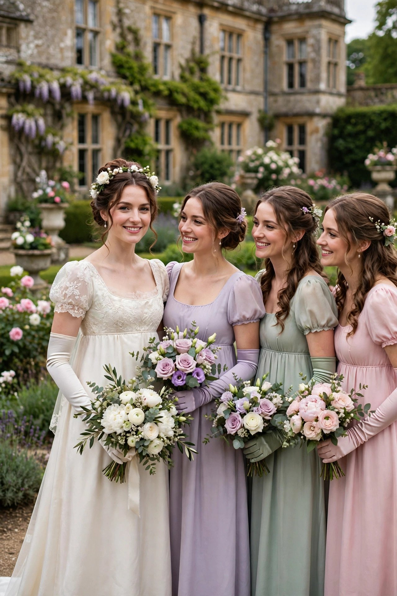 Bride in an empire-waist pastel wedding gown with bridesmaids in pastel dresses