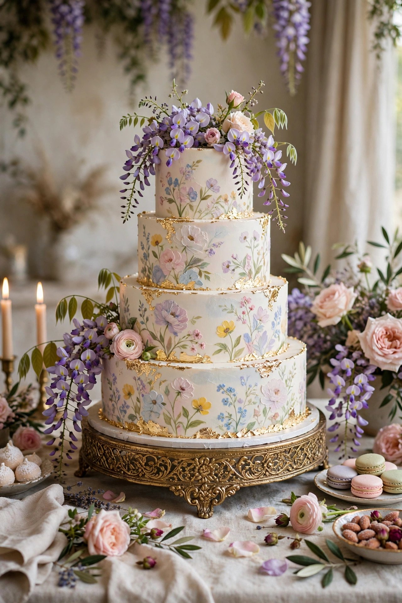 Elegant hand-painted floral wedding cake in pastel tones with gold details