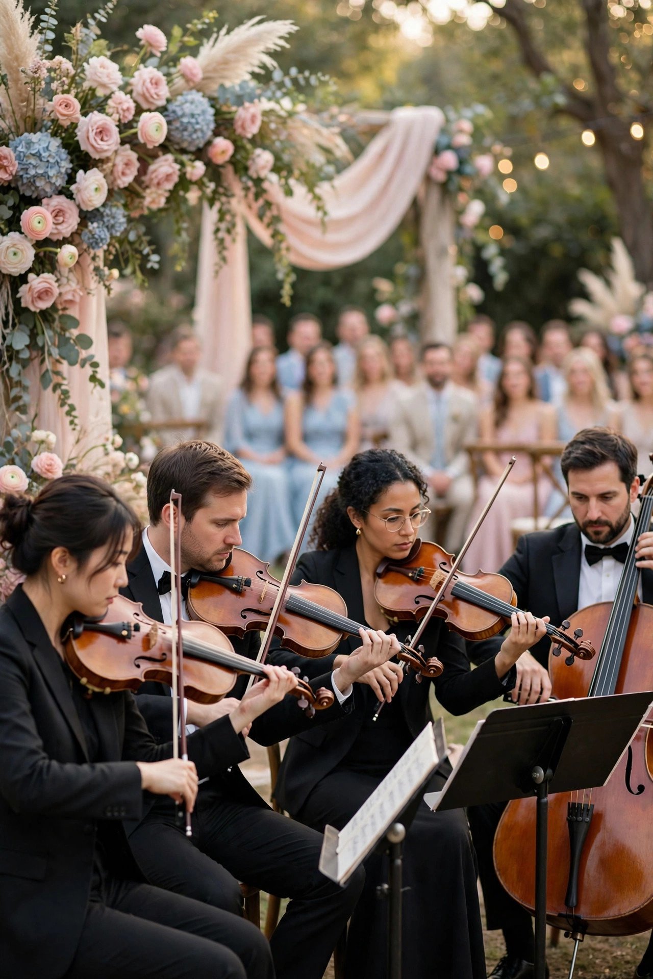 String quartet performing at an elegant pastel wedding ceremony