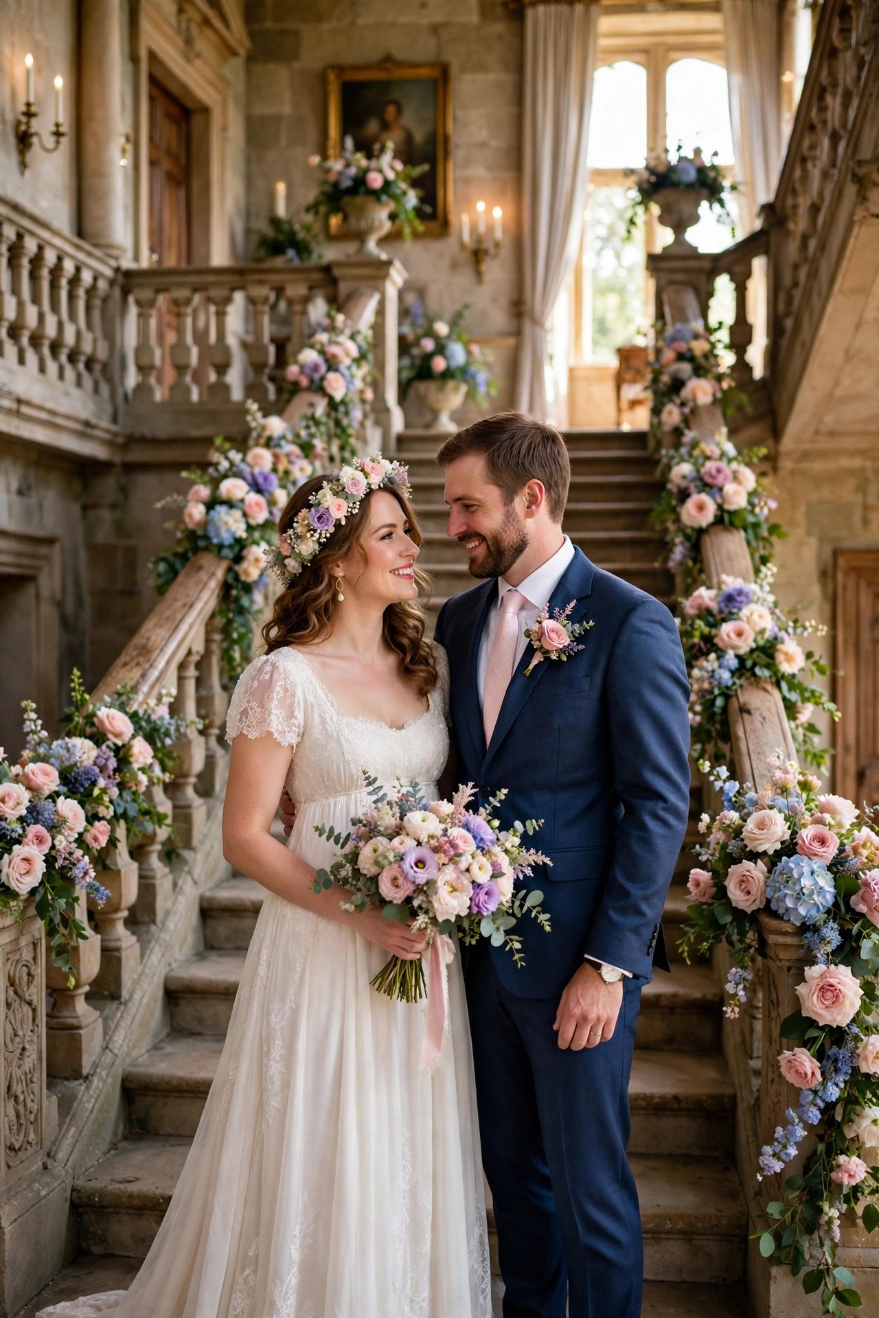 Bride and groom posing regally on a grand staircase with pastel florals