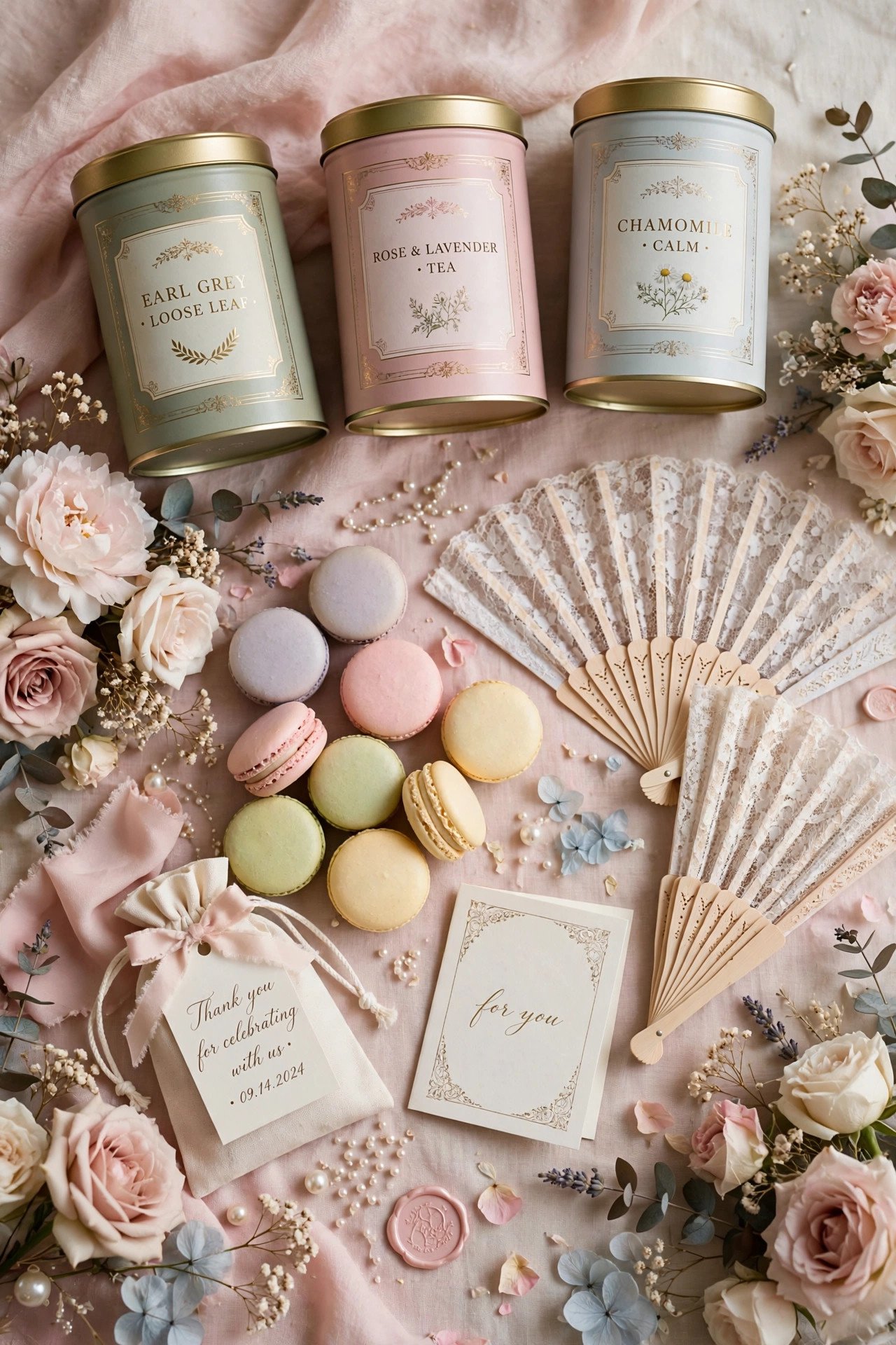 Elegant wedding favors: tea tins, macarons and lace fans on a pastel table