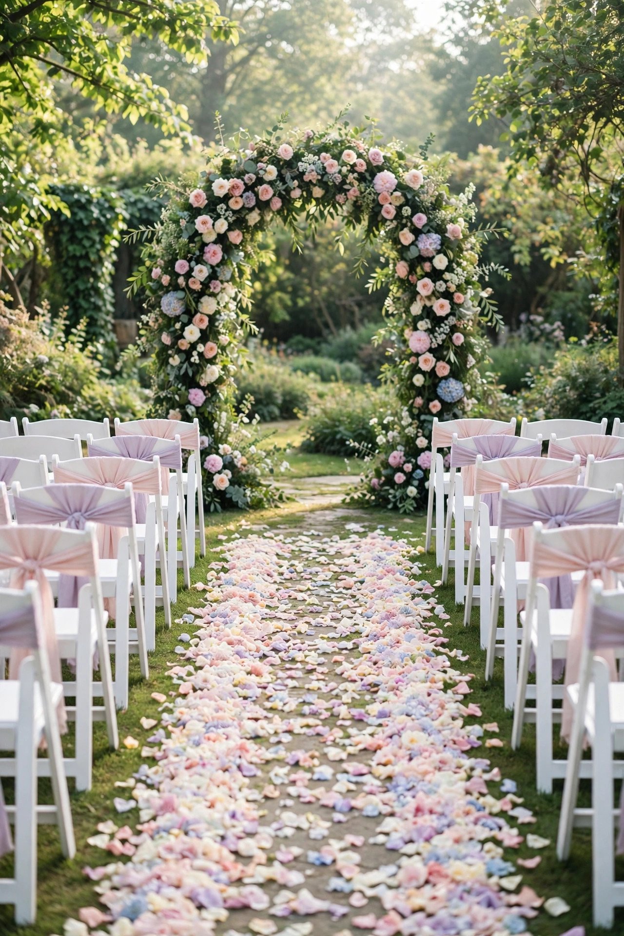 Romantic outdoor wedding ceremony with petal aisle and floral arch