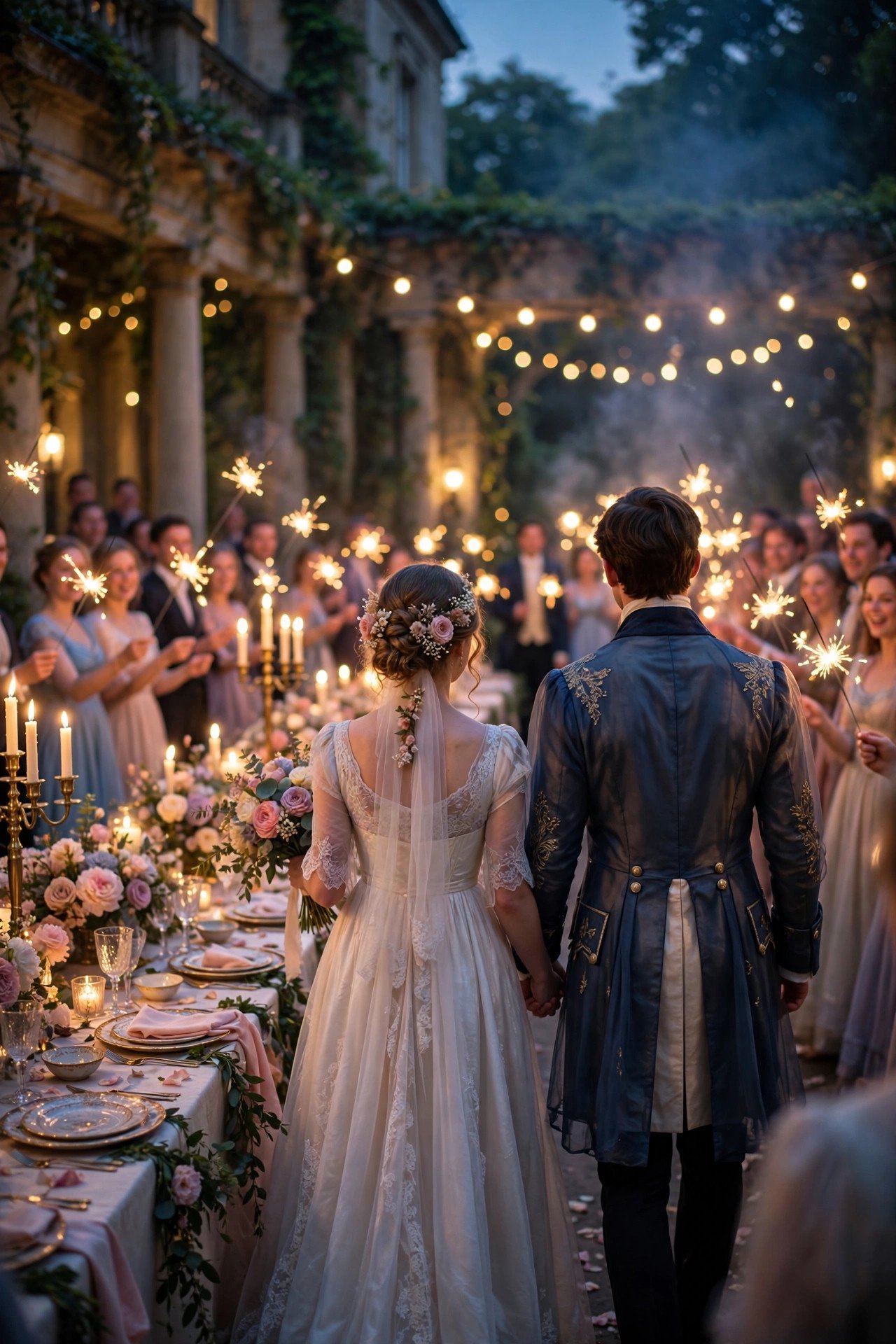 Candlelit wedding reception with sparkling send-off and dancing couple