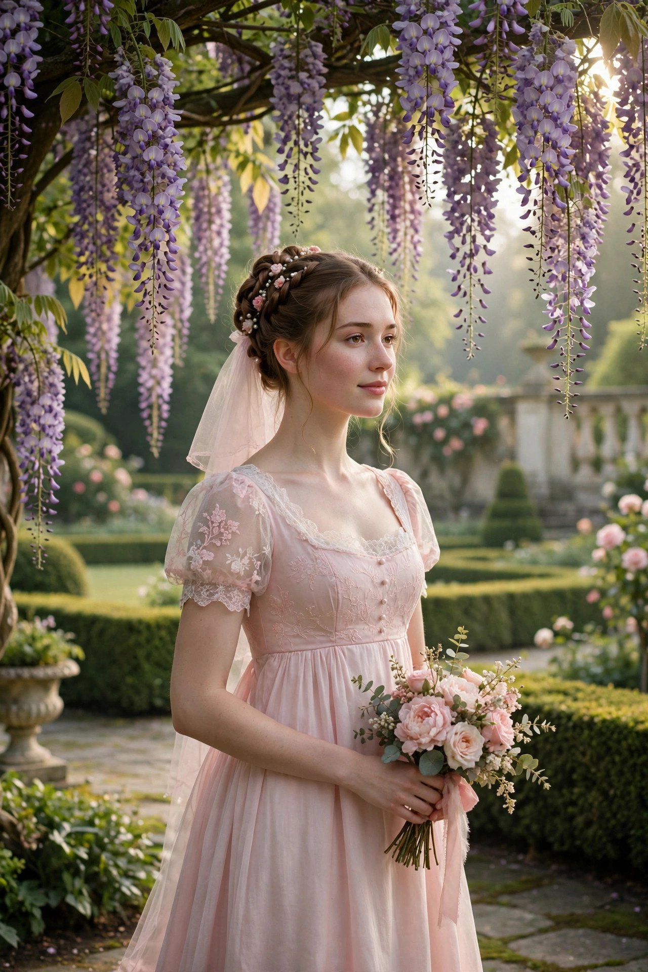 Bride in an empire-waist gown beneath a canopy of wisteria and pastel florals in a grand garden