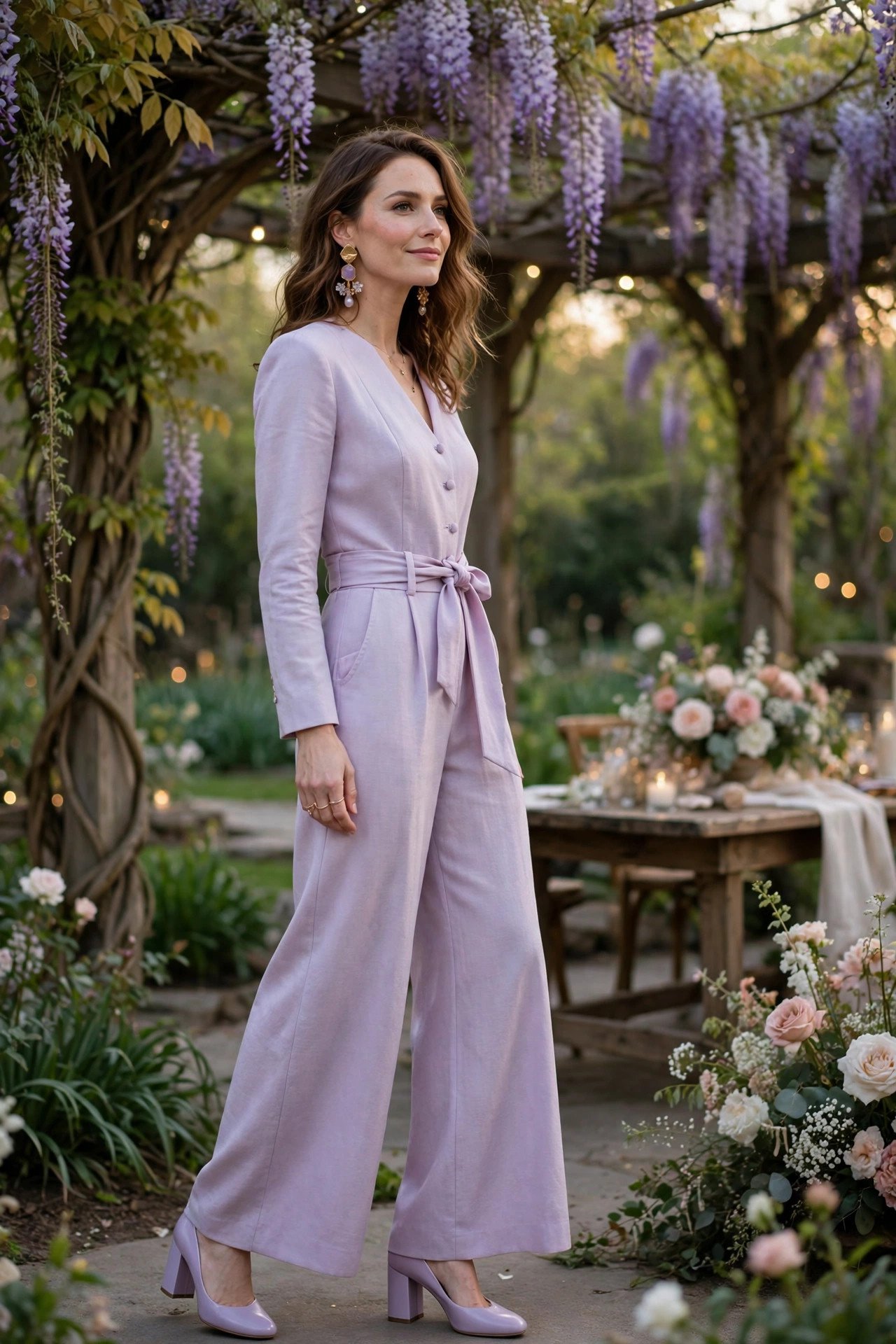 Chic wedding guest wearing a pastel lavender tailored jumpsuit with a cinched waist at a spring wedding