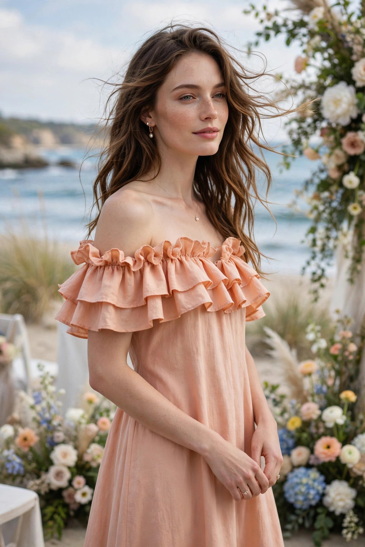 Romantic wedding guest in a peach off-the-shoulder bardot dress at a spring beachside wedding