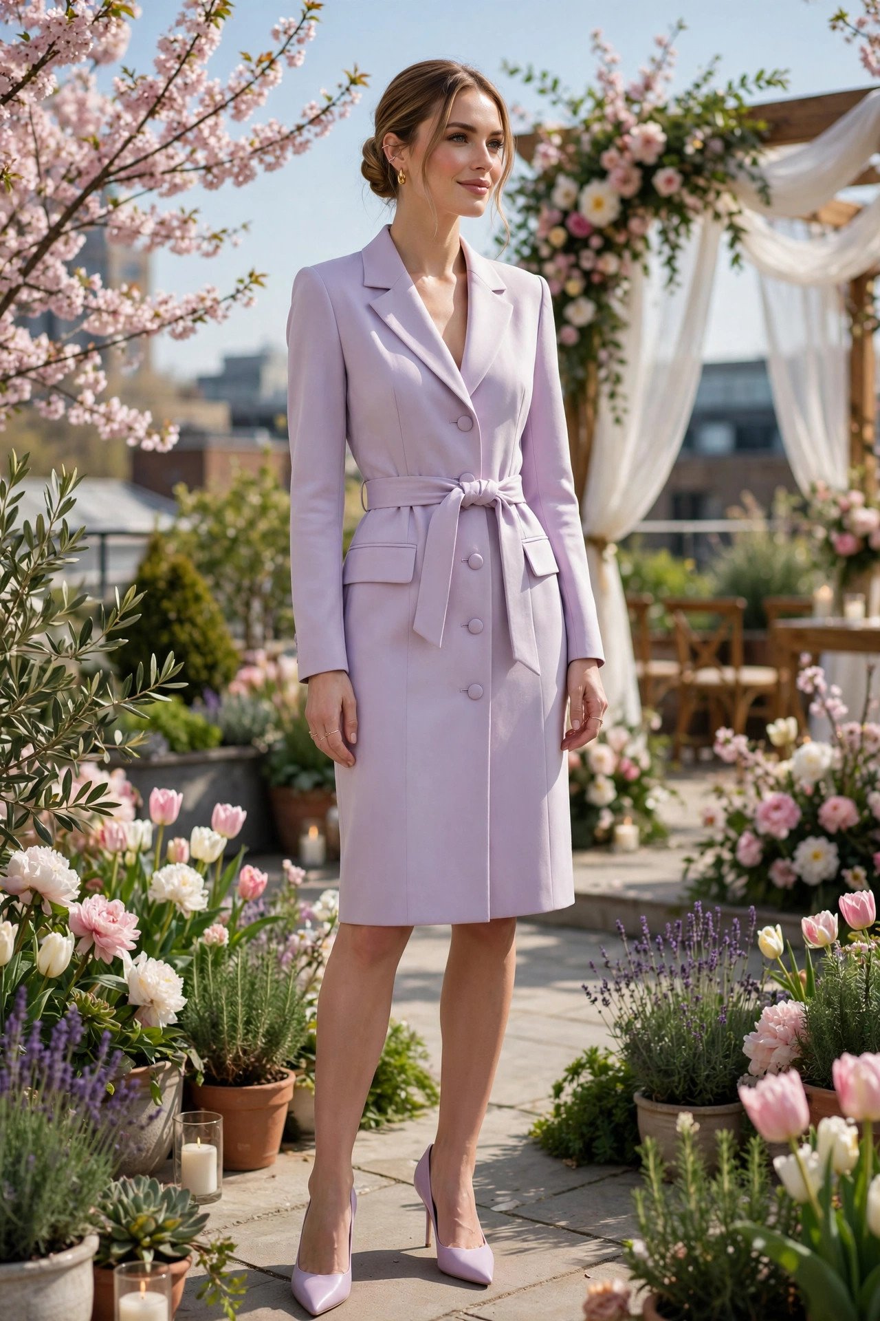 Polished wedding guest wearing a belted pastel lilac blazer dress at a spring rooftop wedding