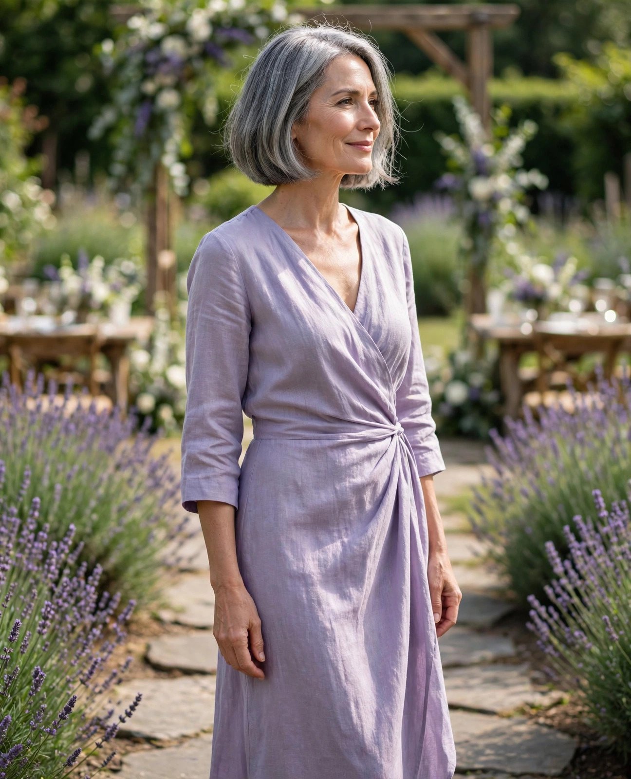 Woman over 50 in a lavender linen wrap dress at a garden wedding
