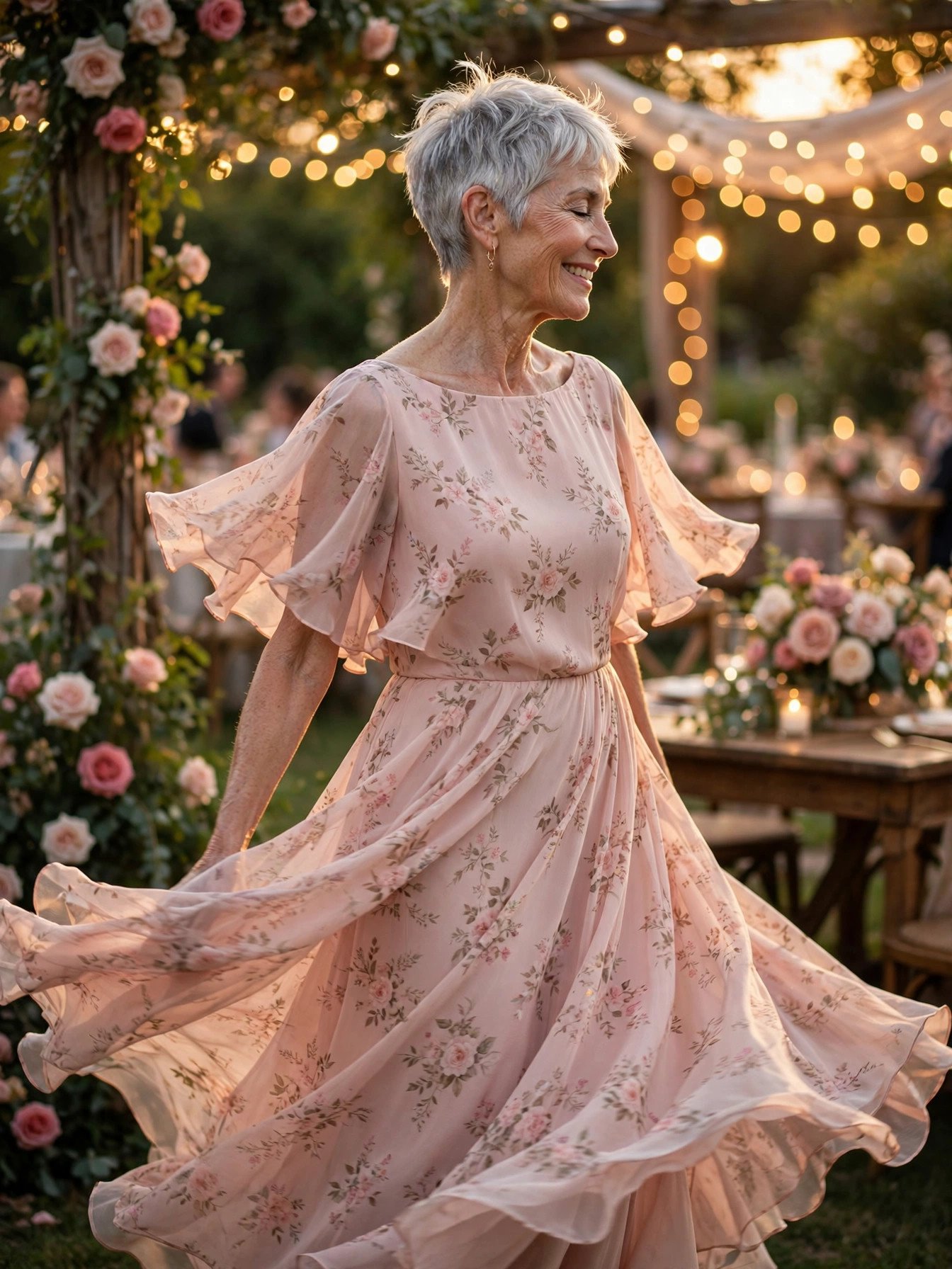 Woman in her 60s in a blush floral chiffon maxi dress at a garden wedding reception