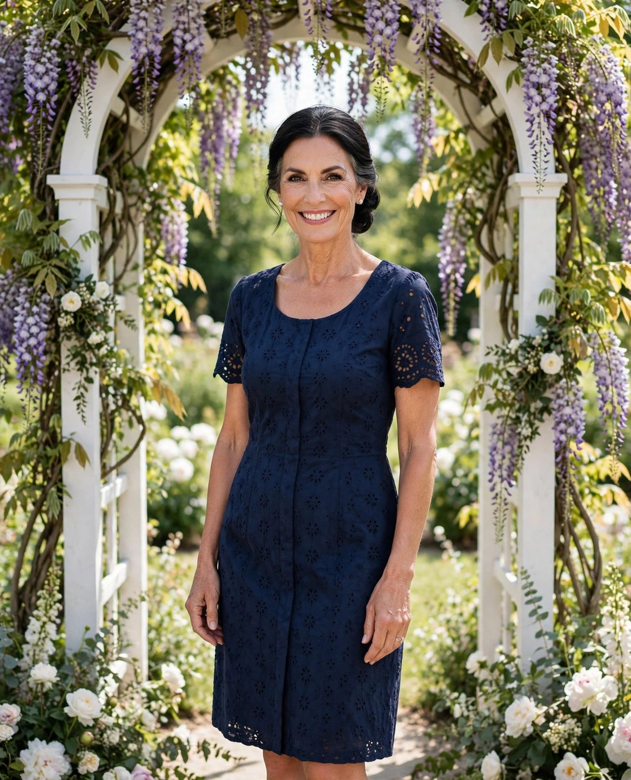 Woman over 50 in a navy eyelet cotton dress under a wisteria arch at a summer wedding