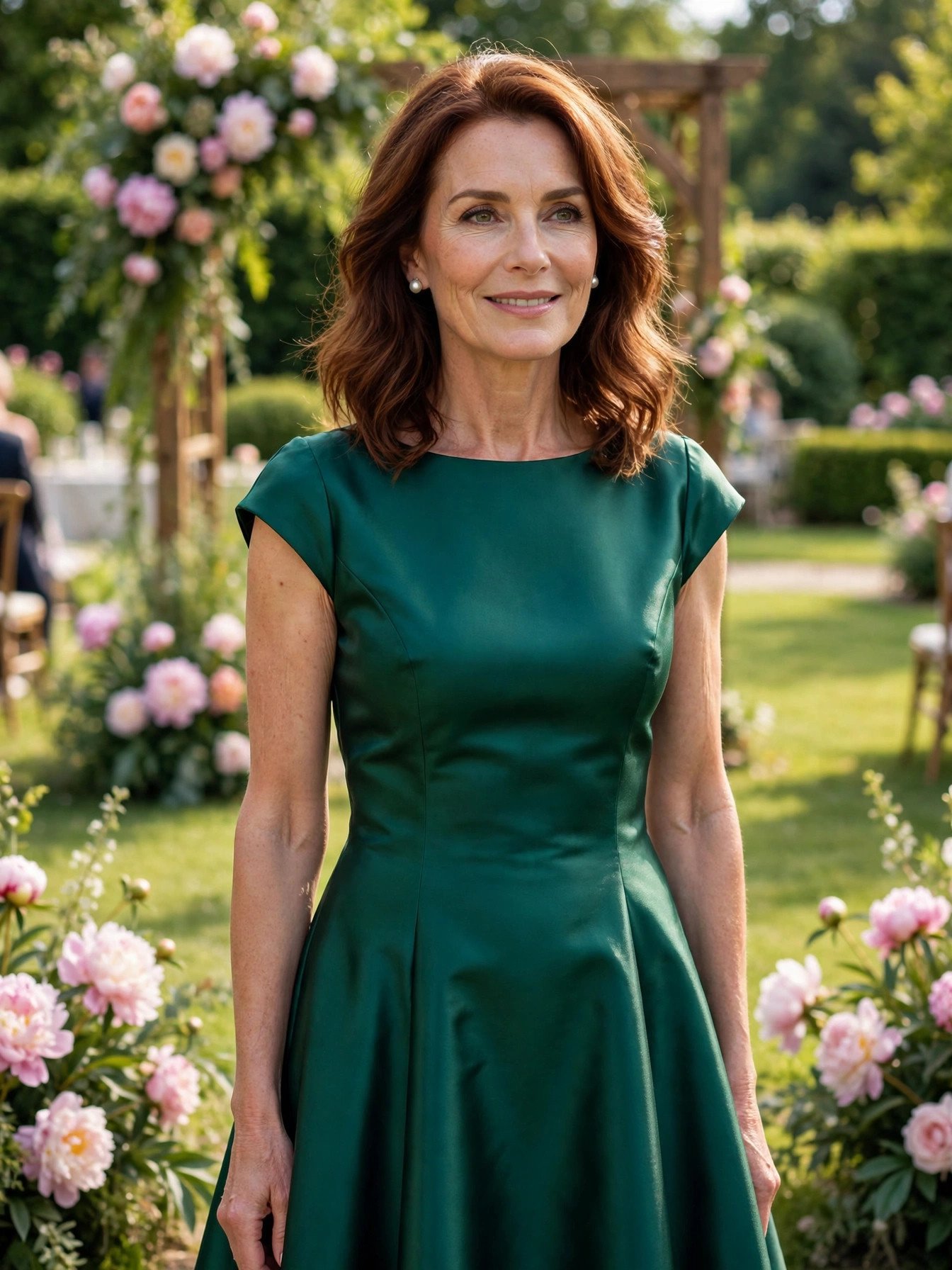 Woman over 50 in an emerald satin tea-length dress with pearl earrings at a garden wedding
