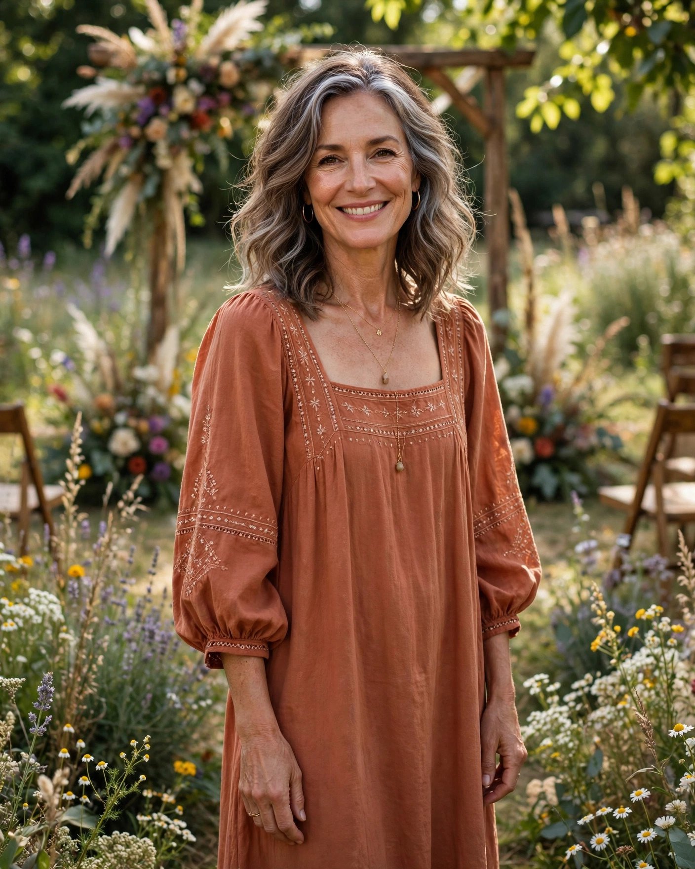 Woman over 50 in a terracotta boho midi dress with balloon sleeves in a wildflower garden wedding