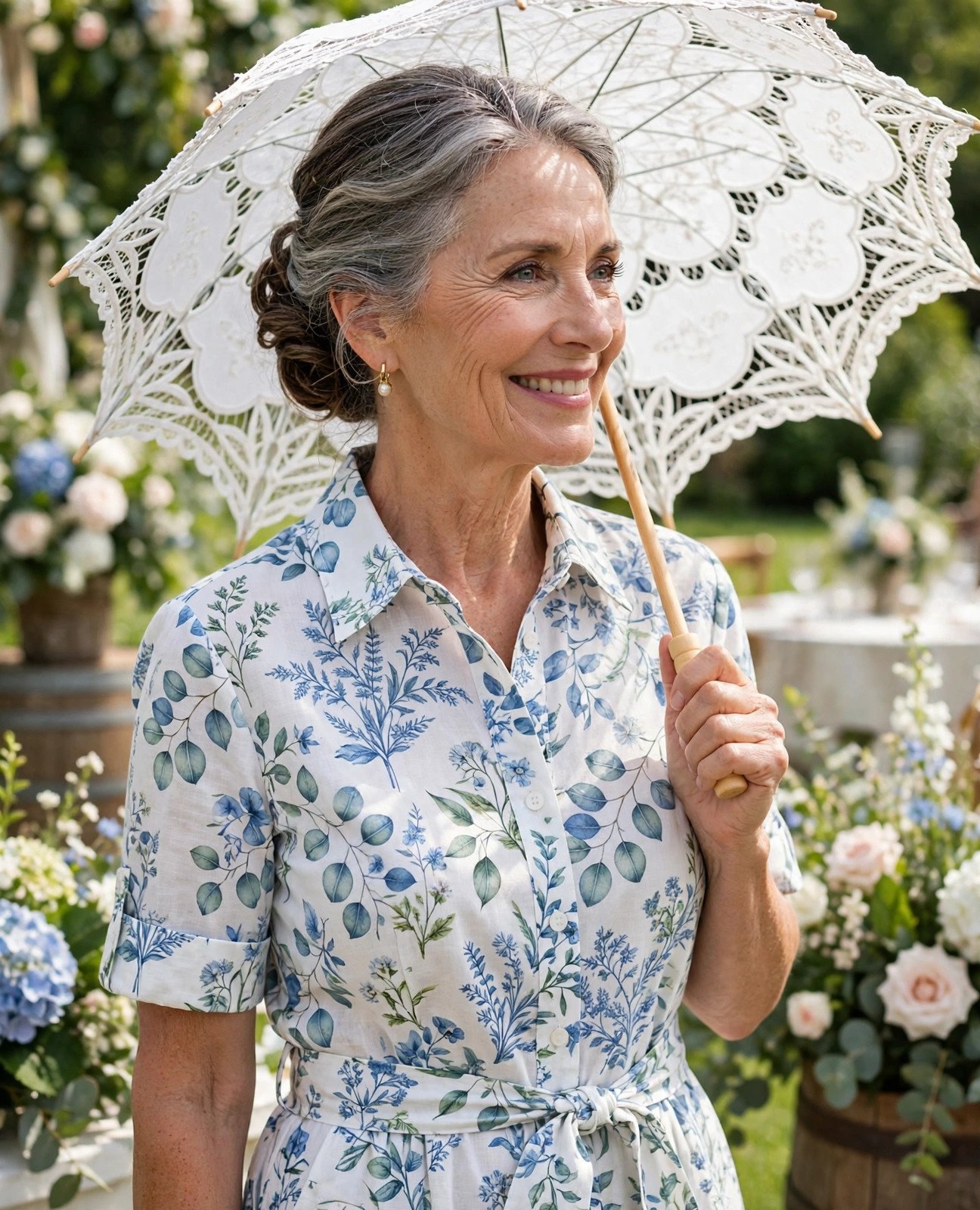 Woman in her 60s in a blue botanical print shirt dress with a parasol at a garden wedding