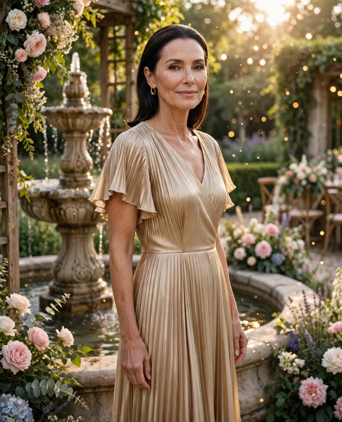 Woman over 50 in a champagne pleated midi dress by a fountain at a garden wedding