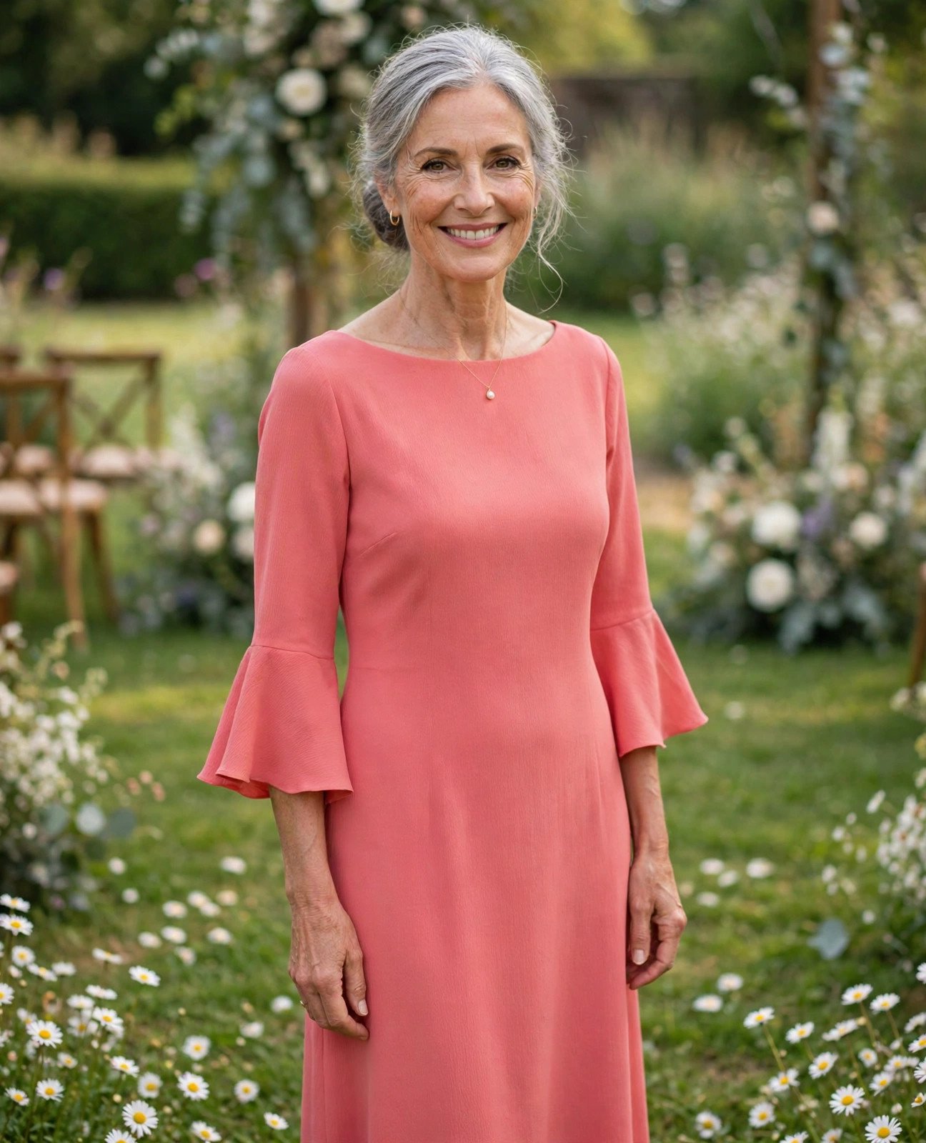 Woman over 50 in a coral crepe midi dress with bell sleeves on a daisy lawn at a summer wedding