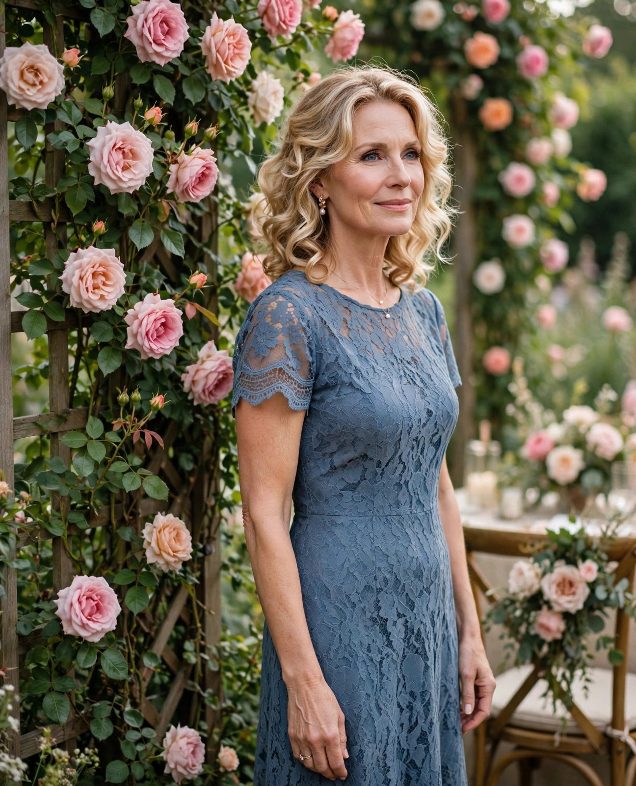 Woman over 50 in a dusty blue lace midi dress beside a rose trellis at a garden wedding