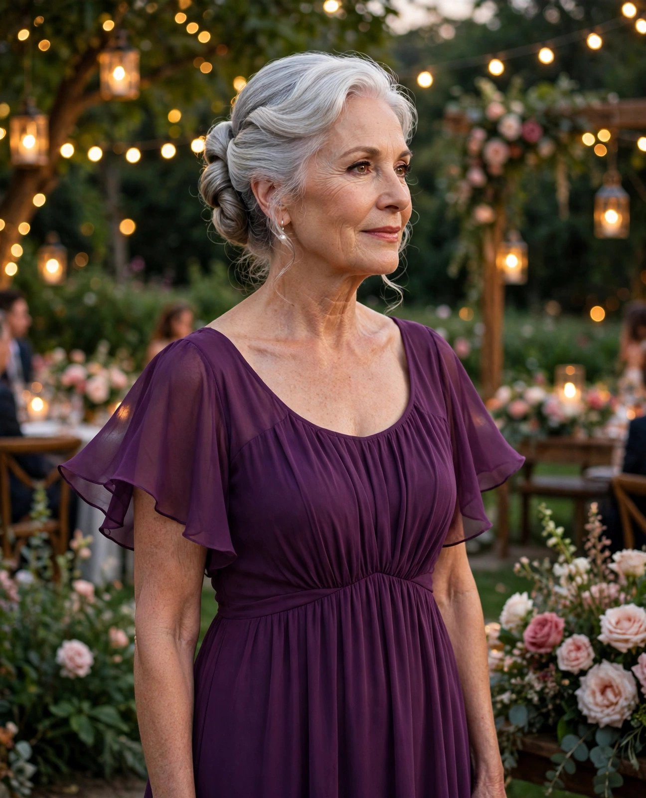 Woman in her 60s in a plum chiffon empire maxi dress at an evening garden wedding with fairy lights