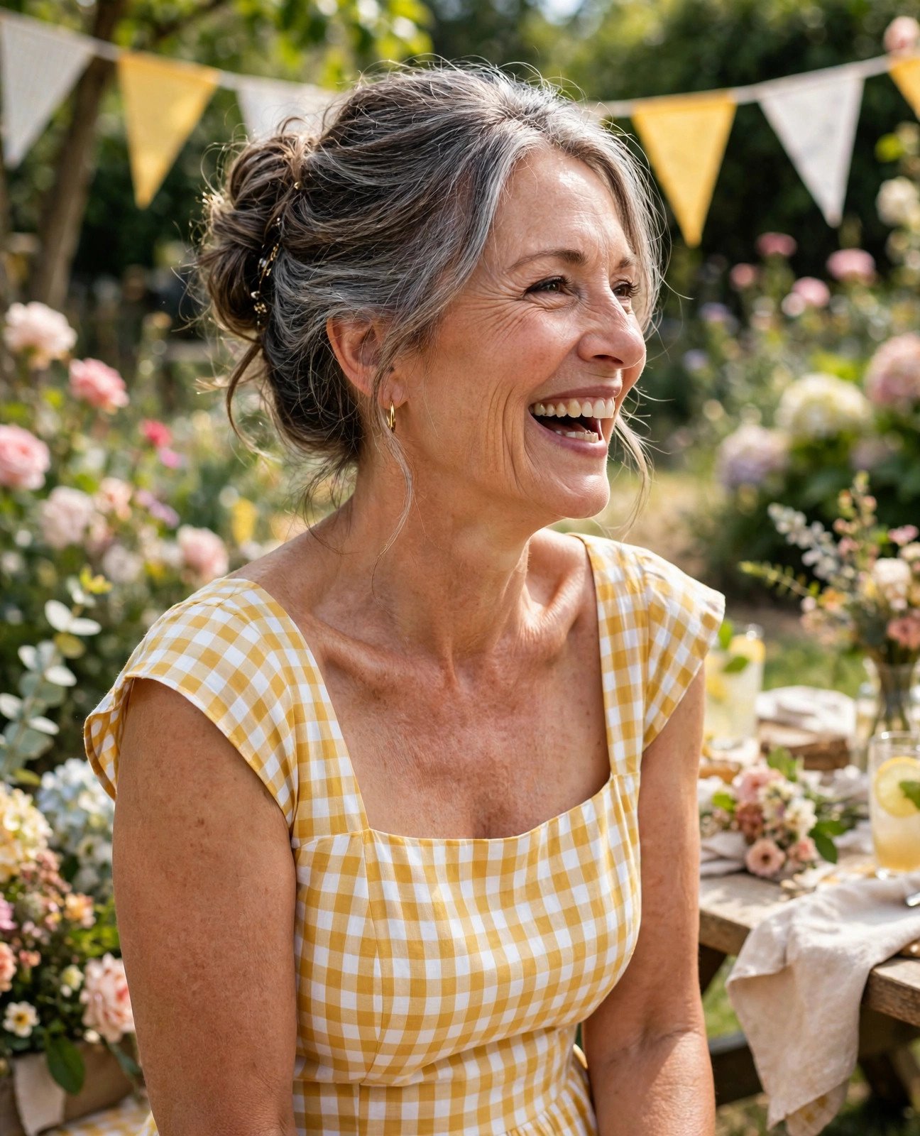 Woman over 50 in a yellow gingham sundress laughing at a cheerful garden wedding picnic