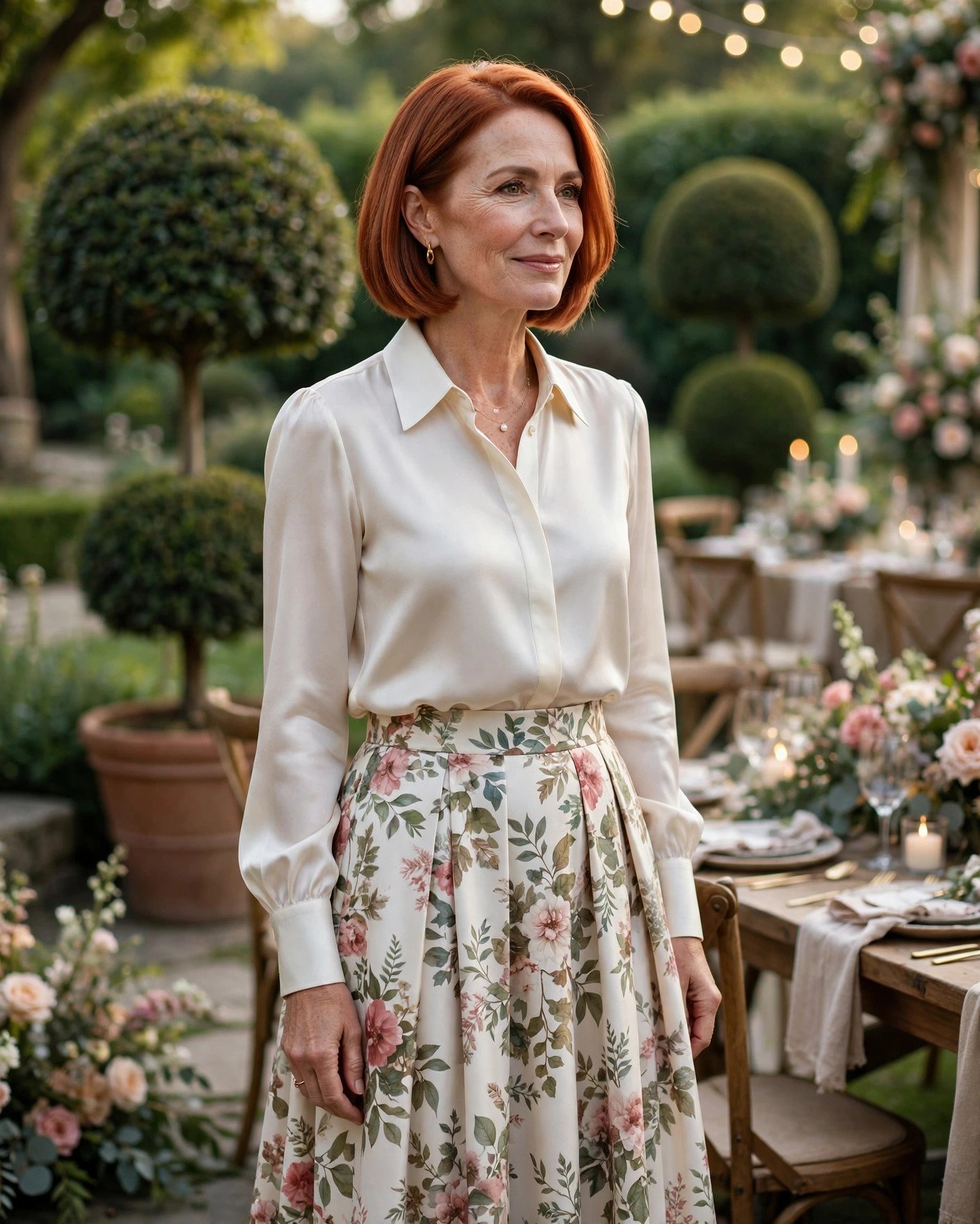 Woman over 50 in an ivory silk blouse and floral full midi skirt at a garden wedding reception