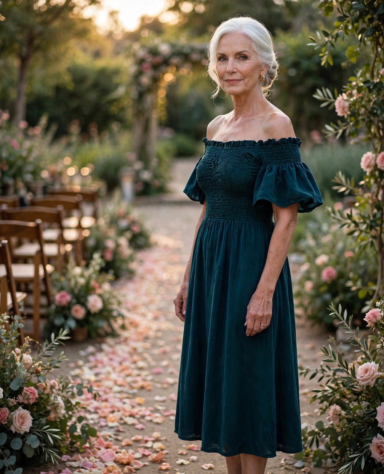 Woman in her 60s in a teal off-shoulder midi dress beside a flower-petal aisle at a garden wedding
