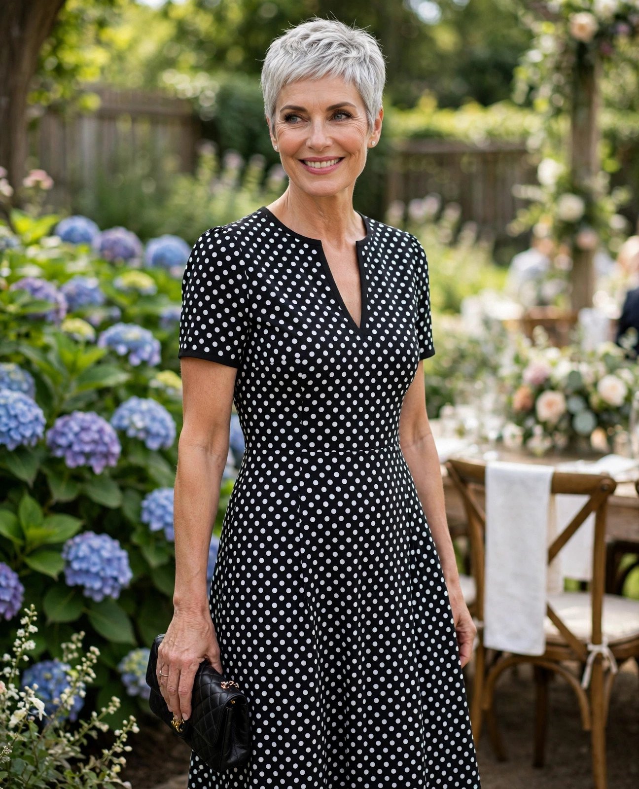 Woman over 50 in a black and white polka dot tea-length dress with a clutch at a garden wedding