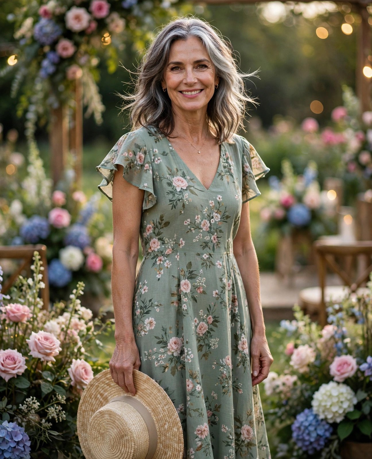 Elegant woman over 50 in a sage floral summer dress at a garden wedding