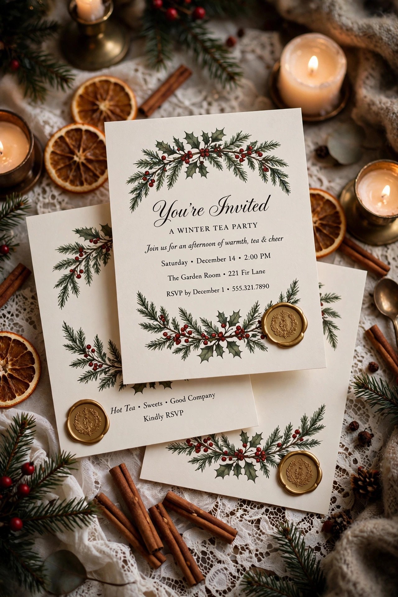 Vintage winter tea party invitations with wax seals on a lace tablecloth