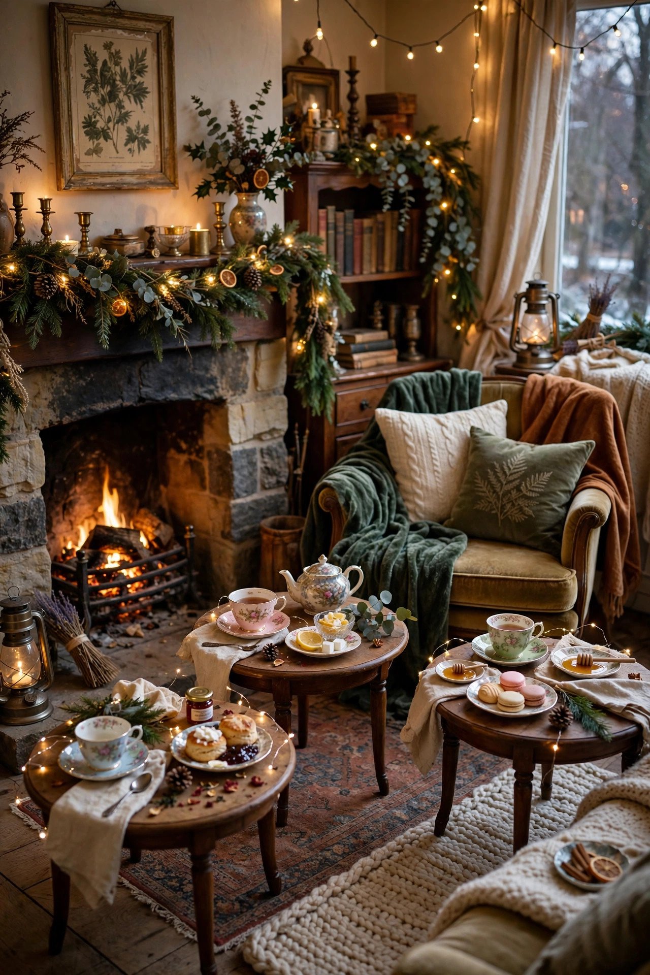 Cozy winter tea party venue setup with fireplace, velvet throws and tea tables
