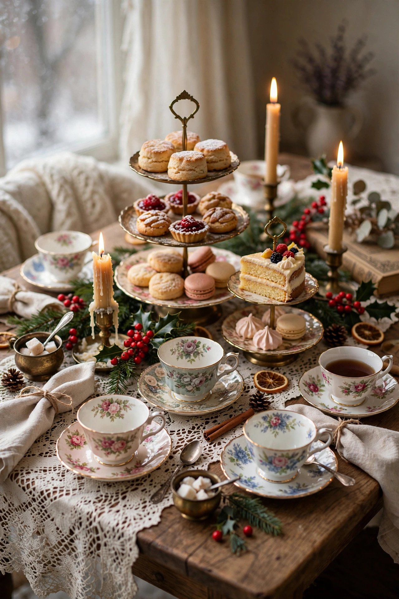 Layered winter tea party table with mismatched vintage floral china and candles