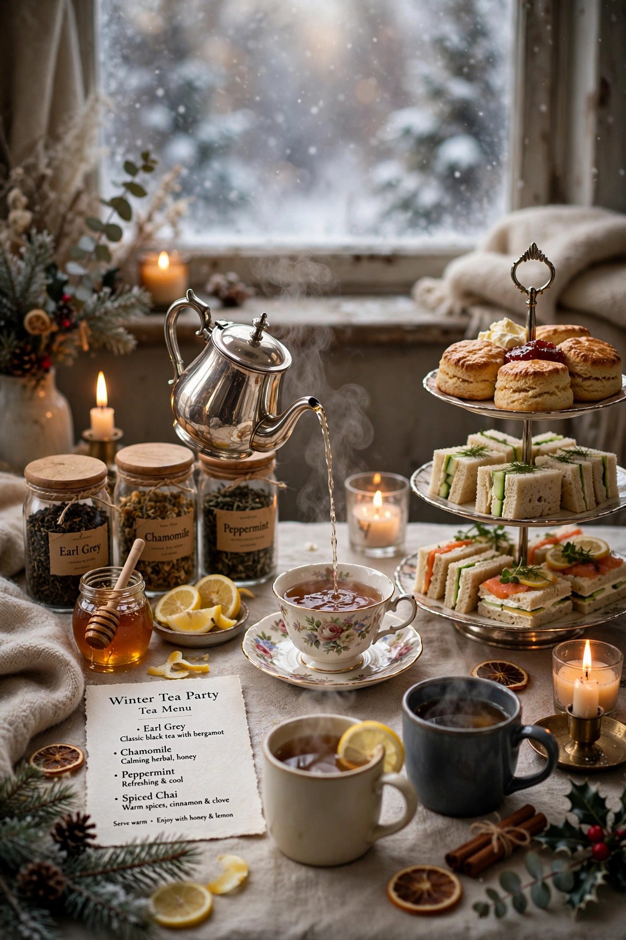 Winter tea party tea menu with silver teapot, scones and finger sandwiches