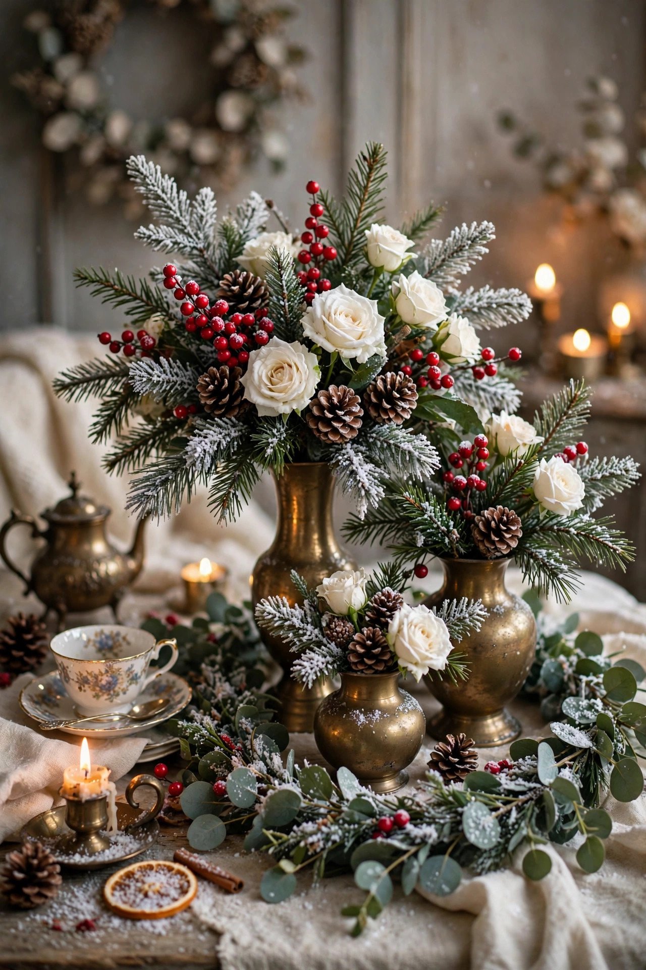 Winter floral arrangements with evergreen, red berries and white roses for a tea party
