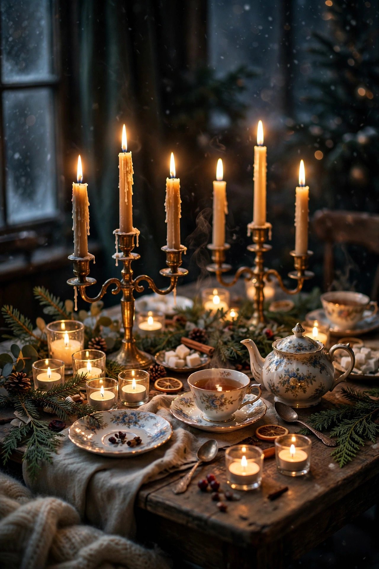 Candlelight centerpiece with brass candelabra and teacups at a winter tea party