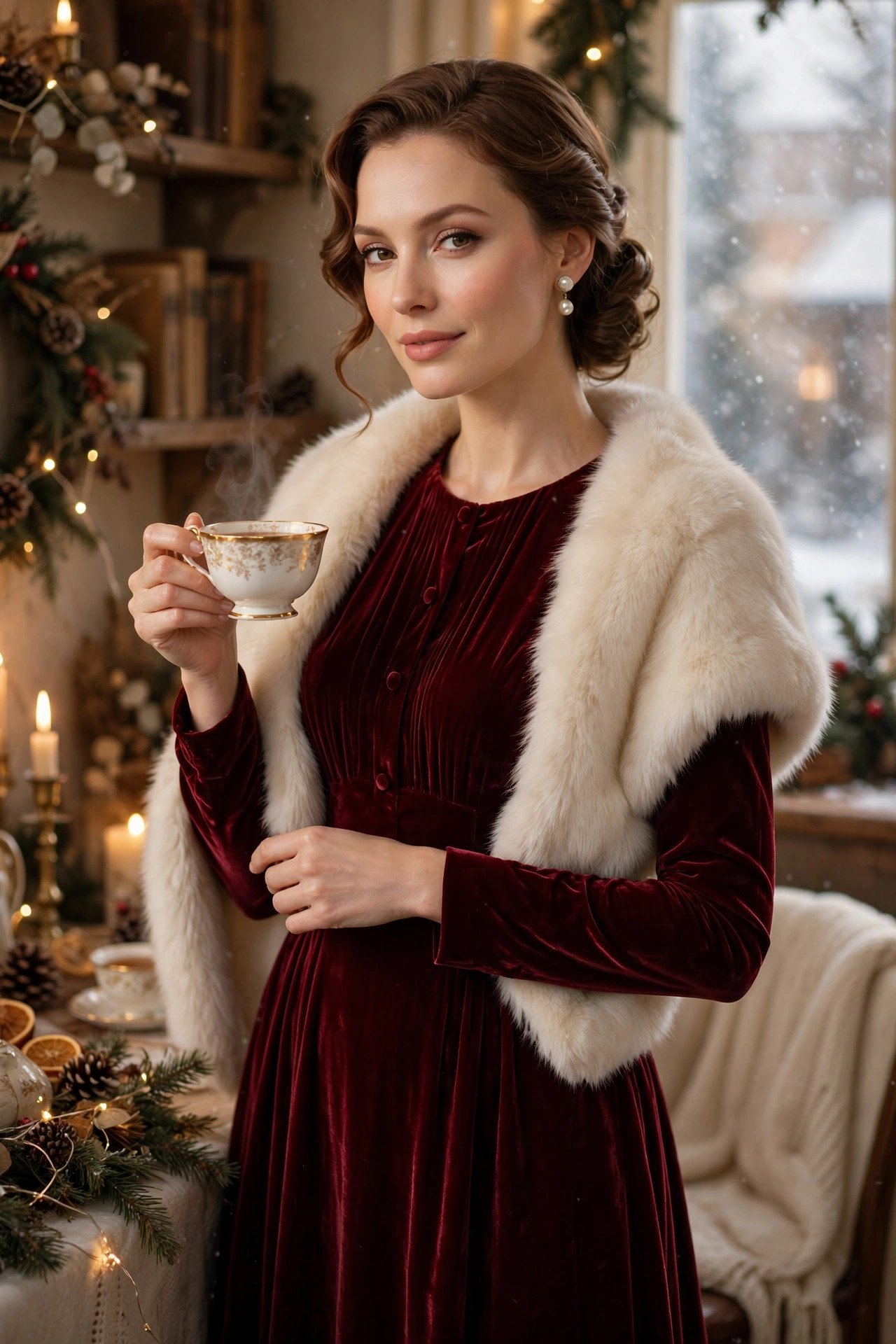 Vintage winter tea party dress code: burgundy velvet dress with faux fur stole and pearls