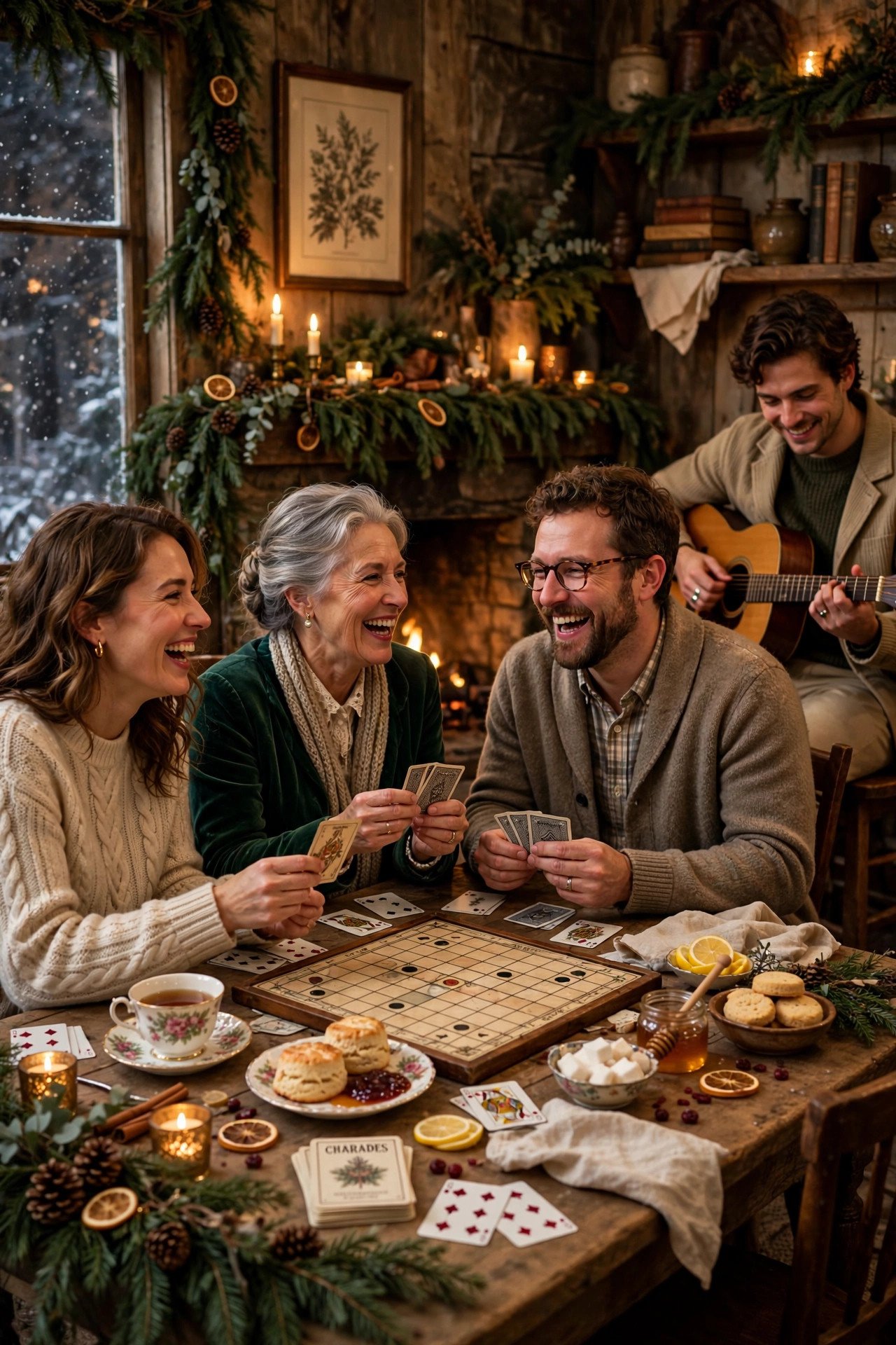 Guests enjoying vintage parlor games and live music at a winter tea party