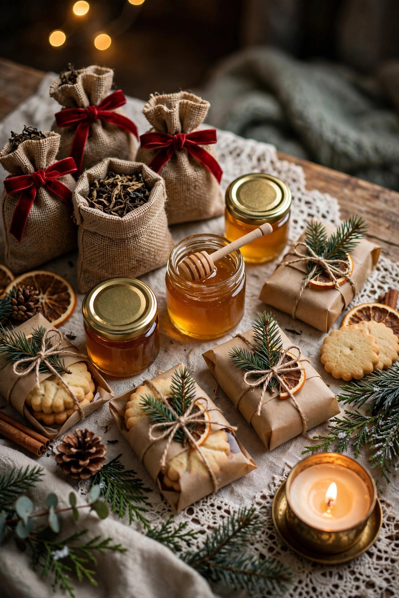 Vintage winter tea party favors: loose leaf tea bags, honey jars and shortbread