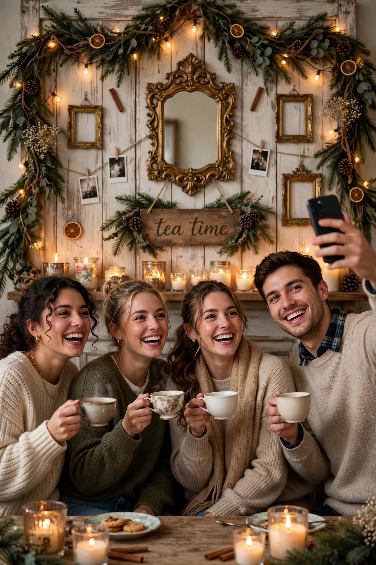 Winter tea party photo backdrop with ornate mirror, garland and string lights