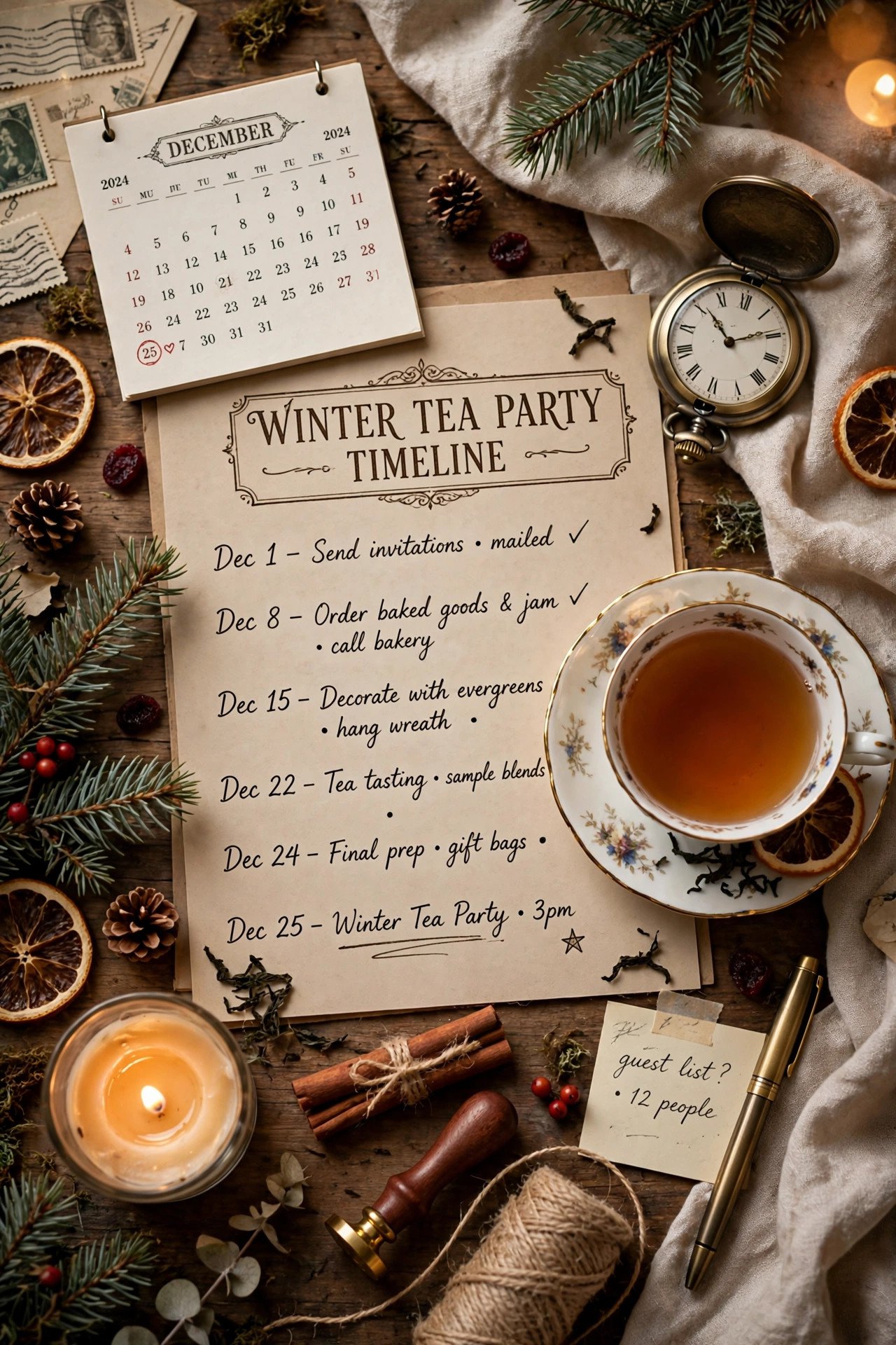 Winter tea party planning timeline written on kraft paper with a teacup