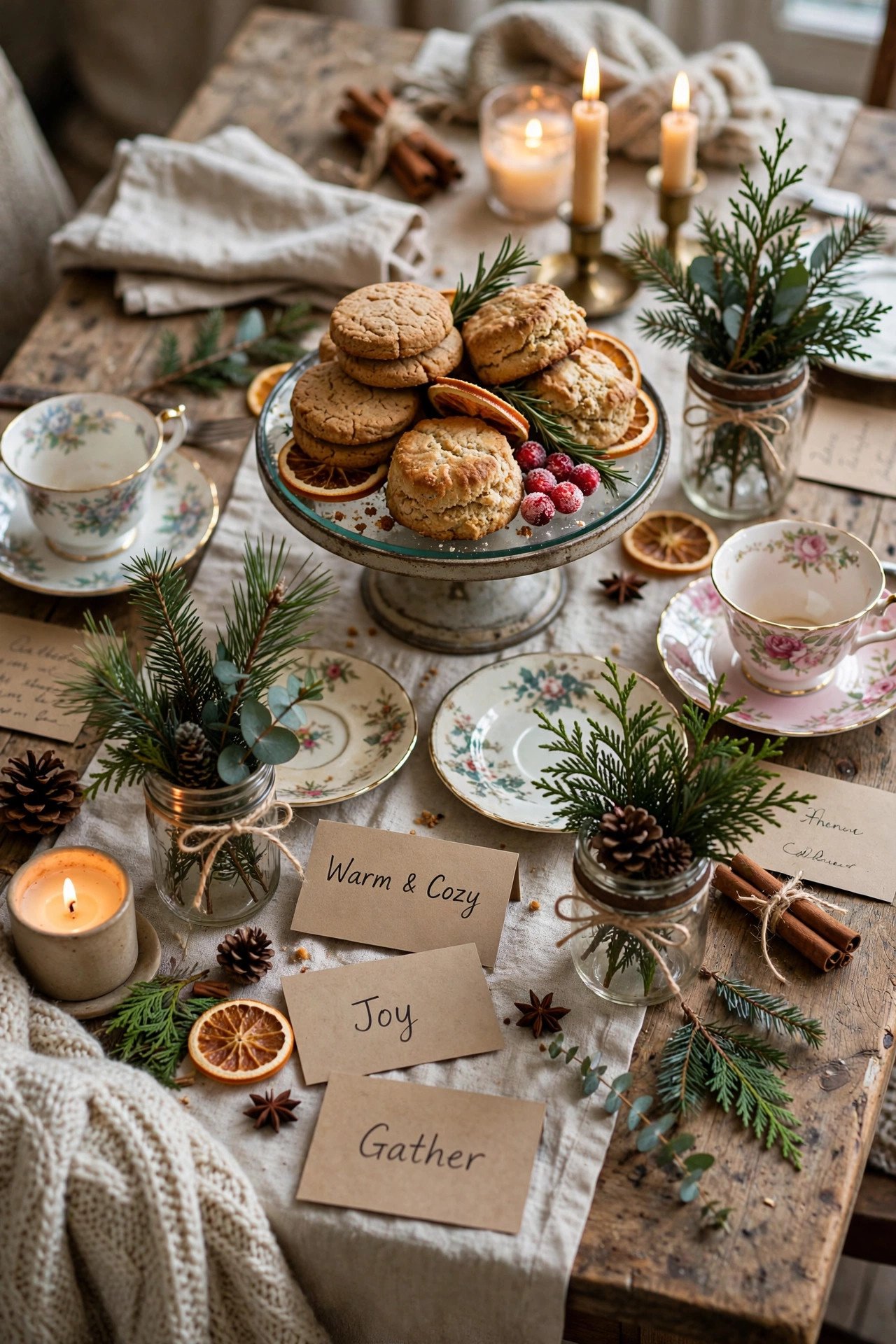 Budget winter tea party table with thrifted china, homemade treats and mason jar greenery