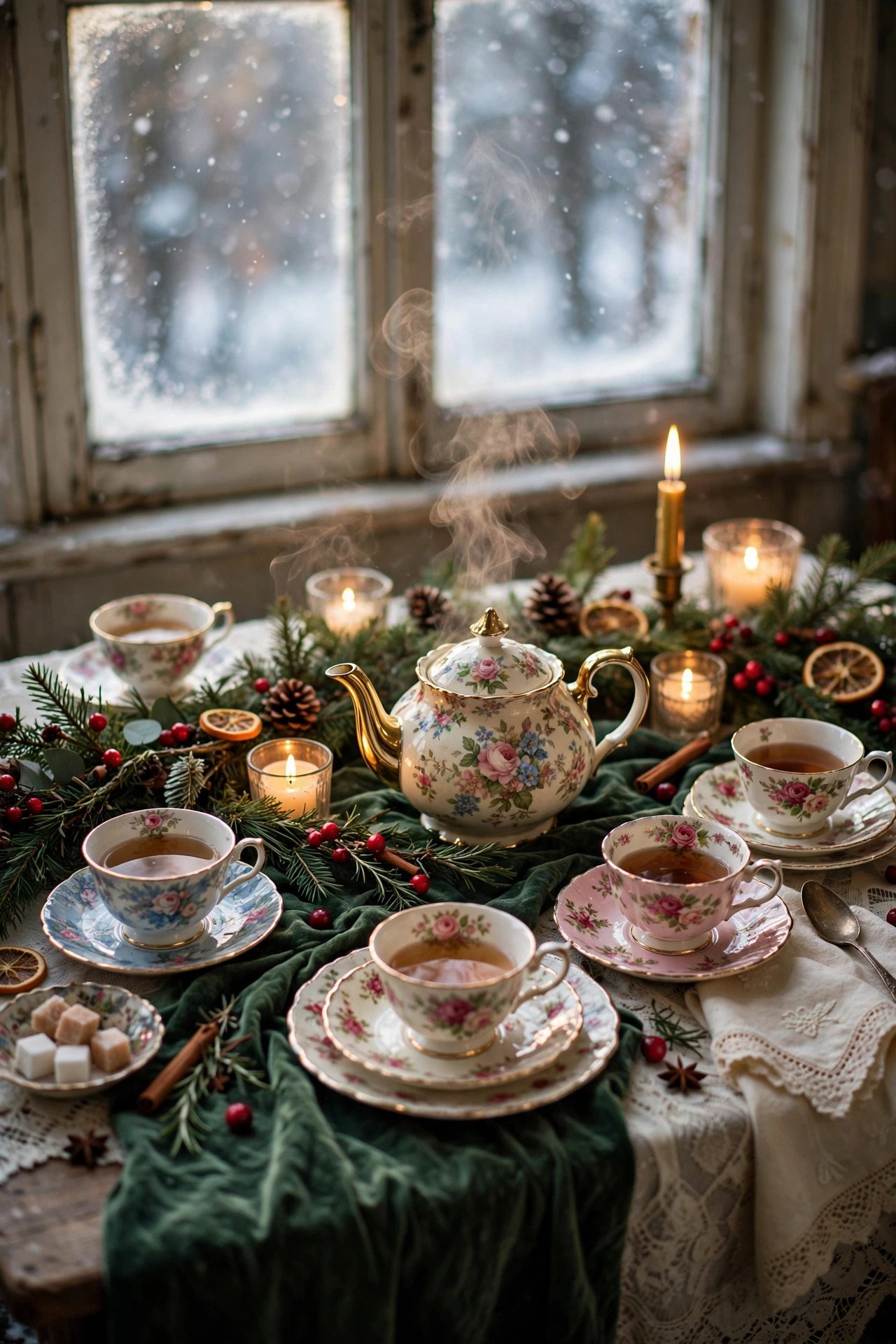 Cozy vintage winter tea party tablescape with mismatched china, candlelight and evergreen