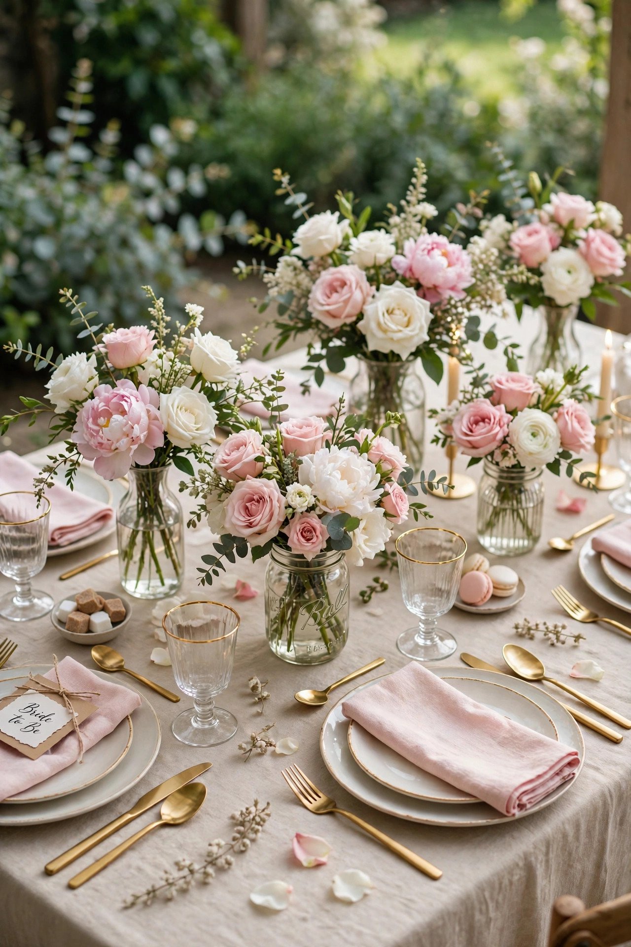 Elegant fresh flower centerpieces in pink and white on a bridal shower table