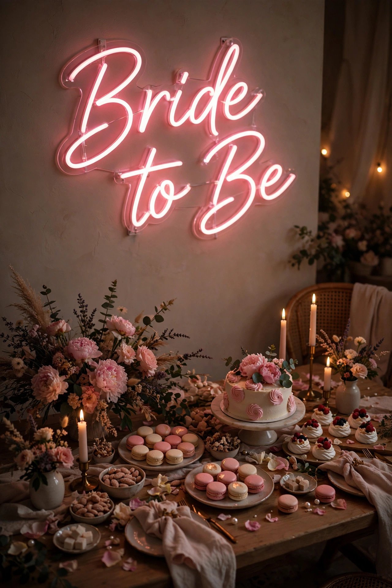 Pink neon Bride to Be sign glowing at a bridal shower dessert table