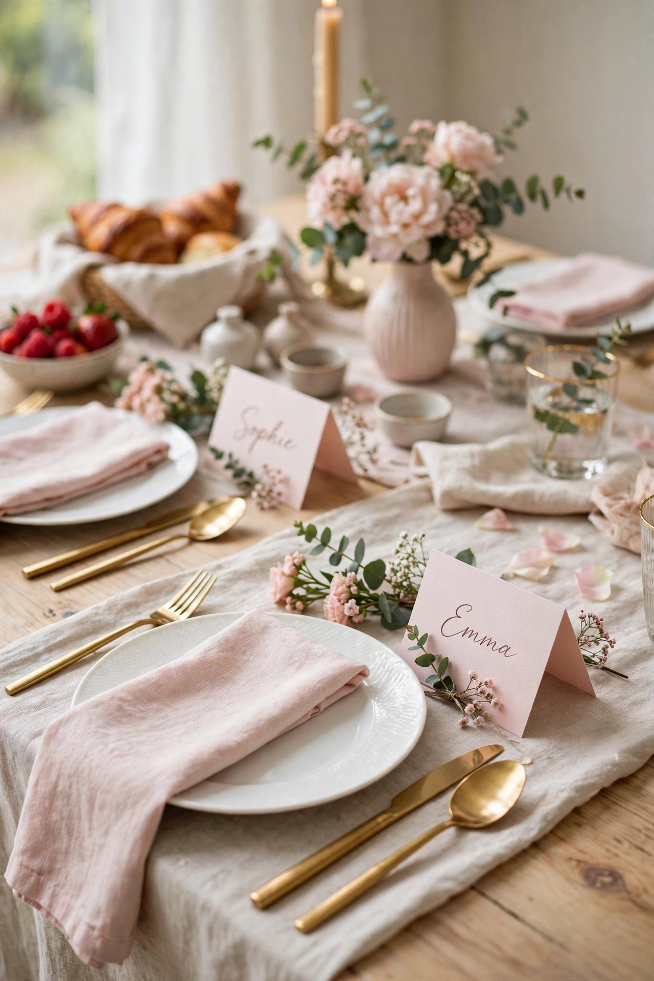 Elegant handwritten place cards at a bridal shower brunch table setting