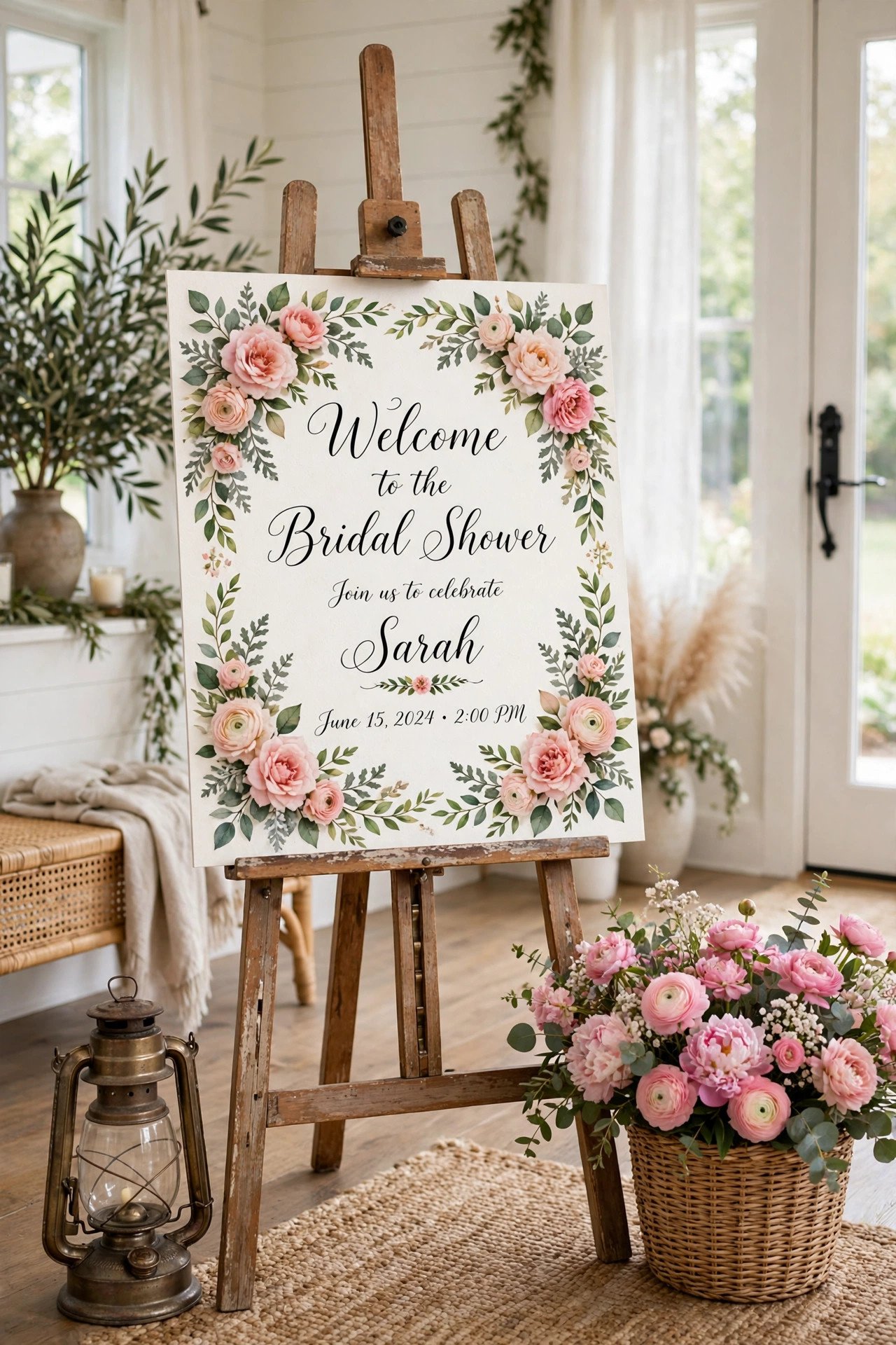 Charming welcome sign with flowers at the entrance of a bridal shower