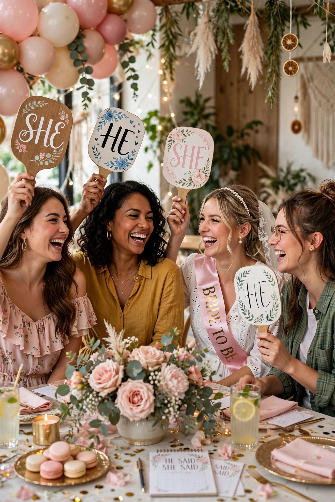 Guests playing the He Said She Said bridal shower quiz game with paddles