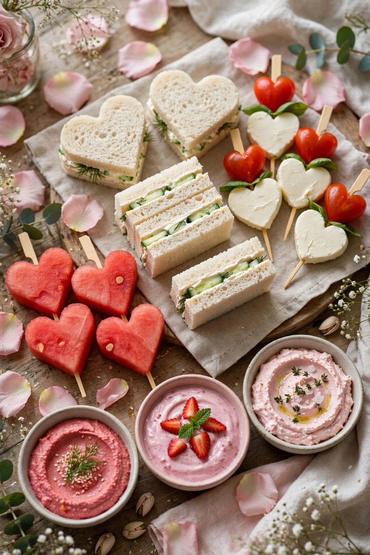 Adorable heart-shaped appetizers and snacks at a bridal shower