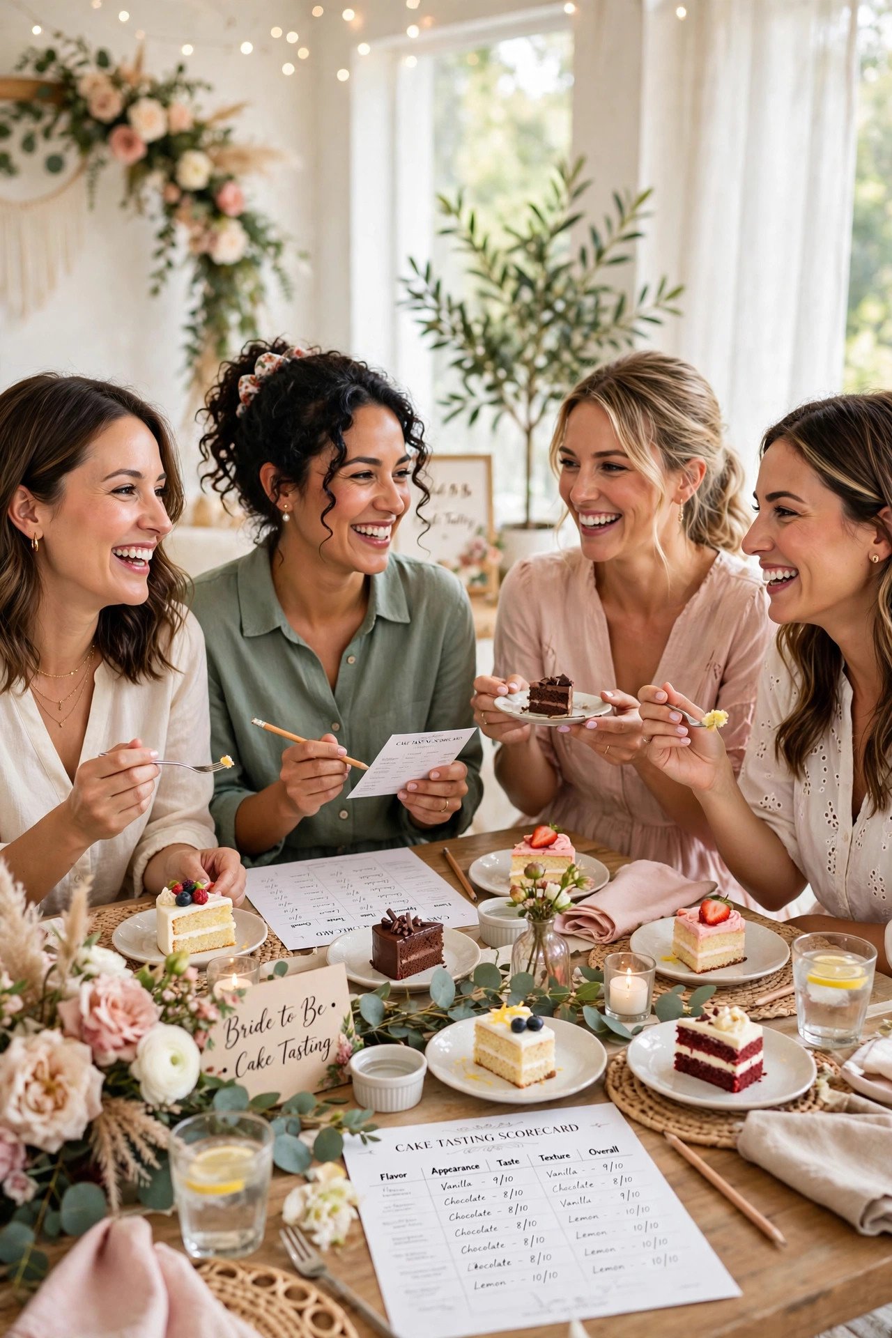 Guests enjoying a mini wedding cake tasting at a bridal shower