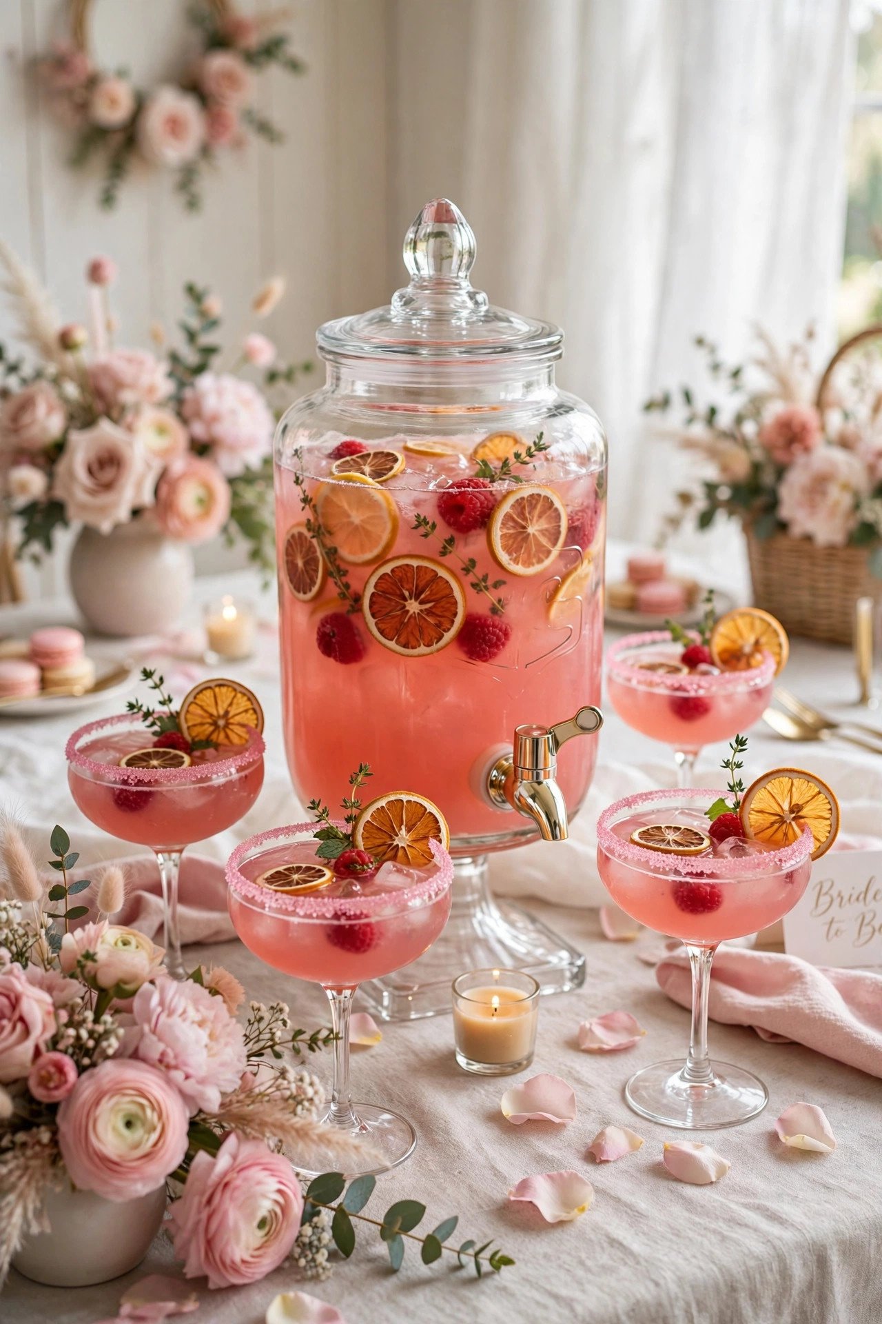 Pink signature love potion cocktails with garnishes at a bridal shower